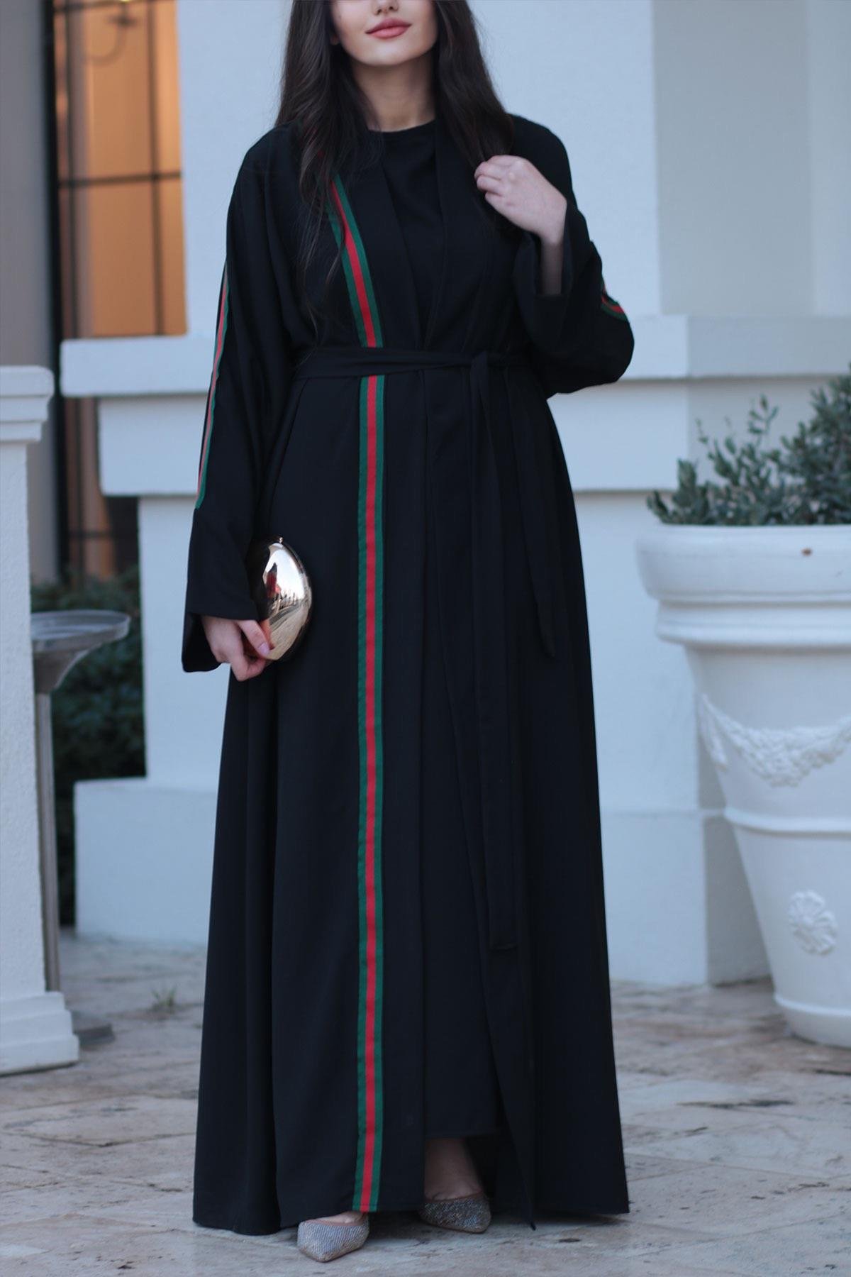 Siyah G.cci Şeritli Abaya