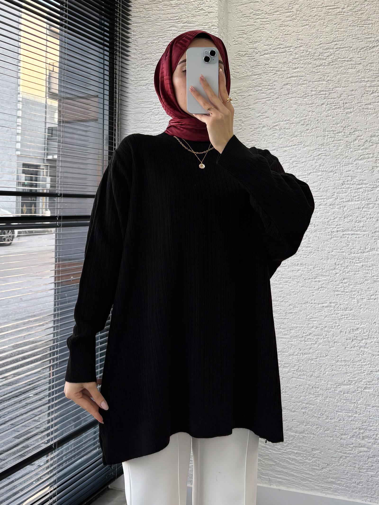 Siyah Kadın Fitilli Oversize Kazak