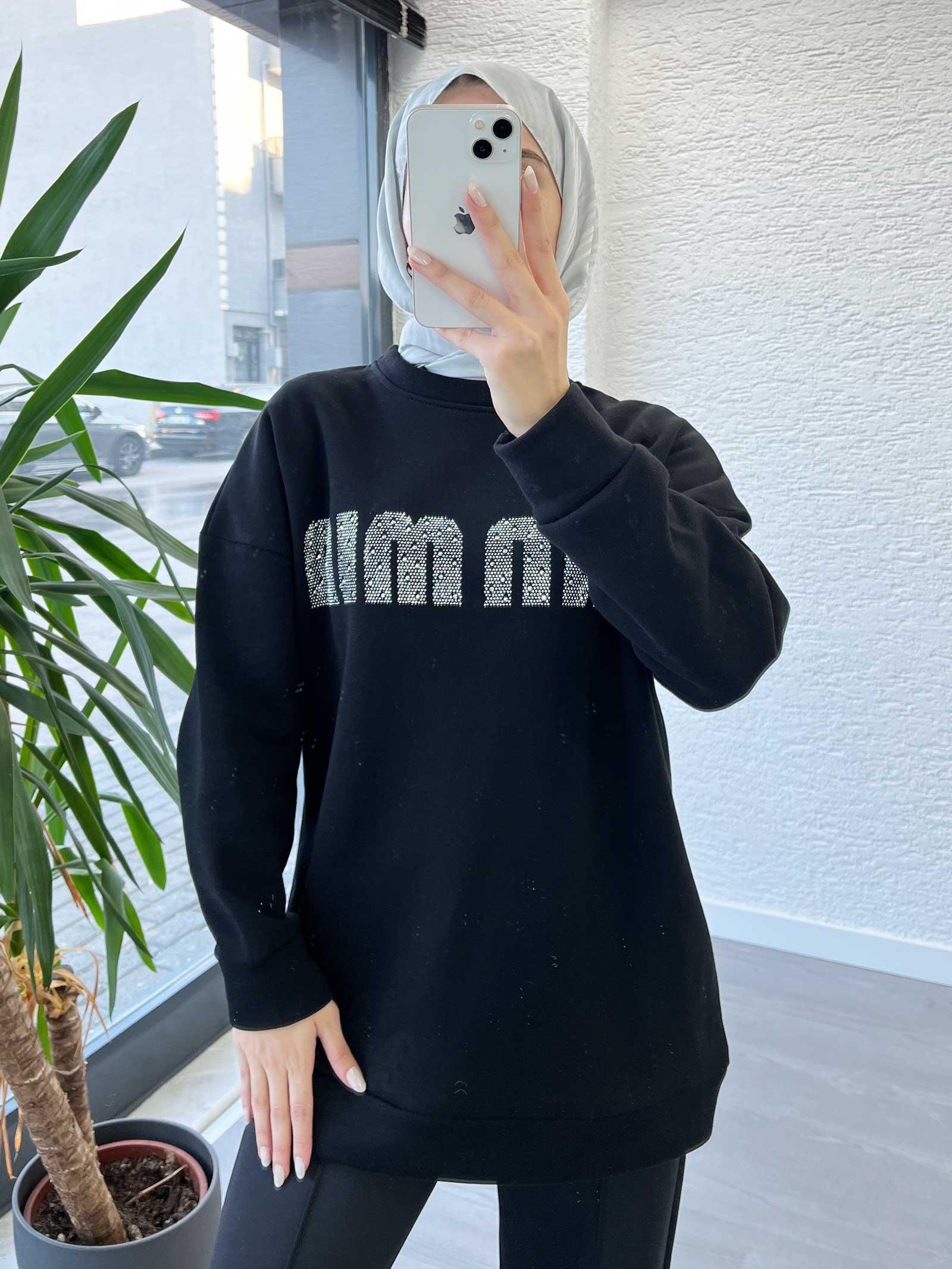 Siyah Kadın Jardonlu Sweatshirt