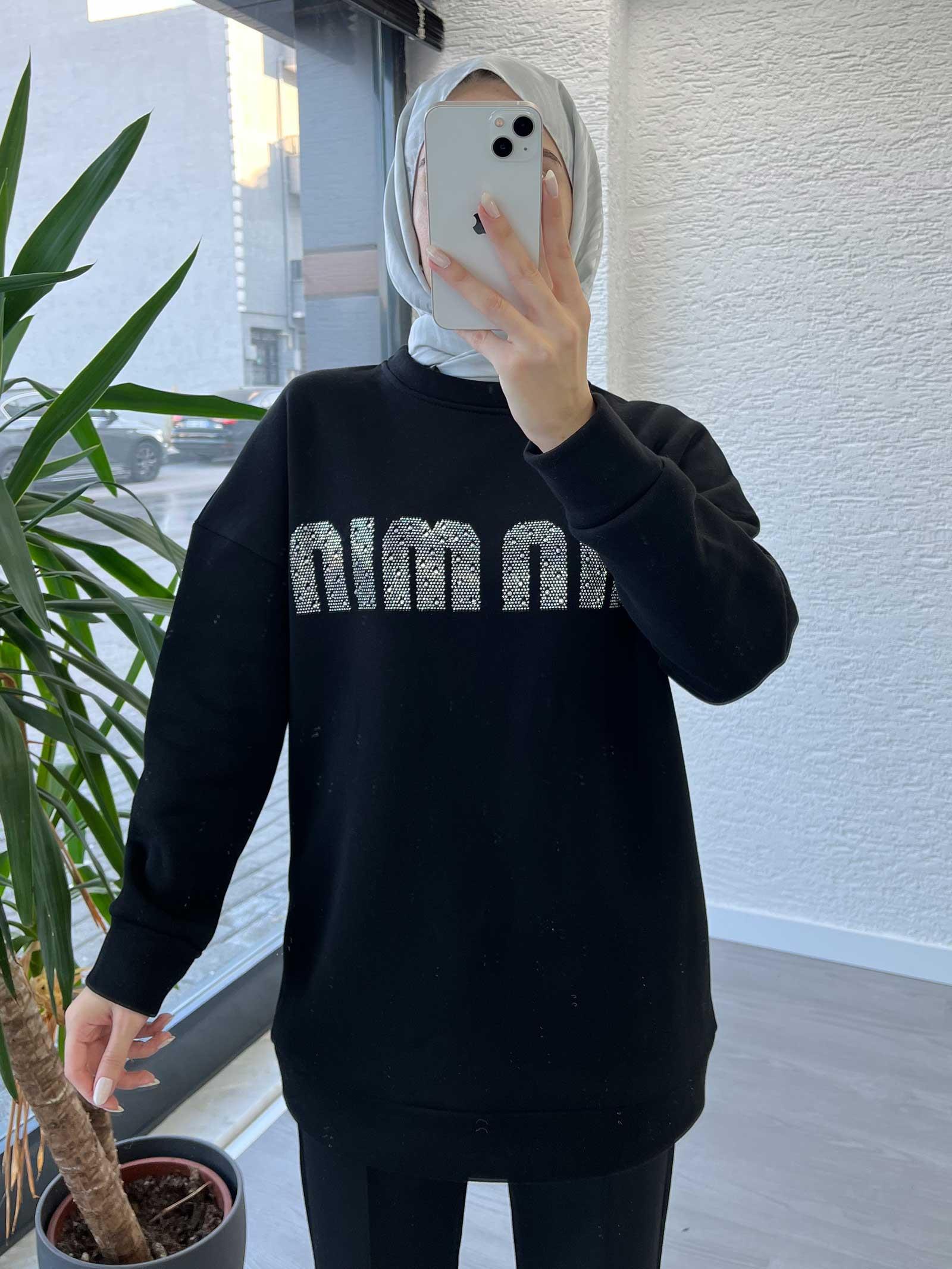 Siyah Kadın Jardonlu Sweatshirt