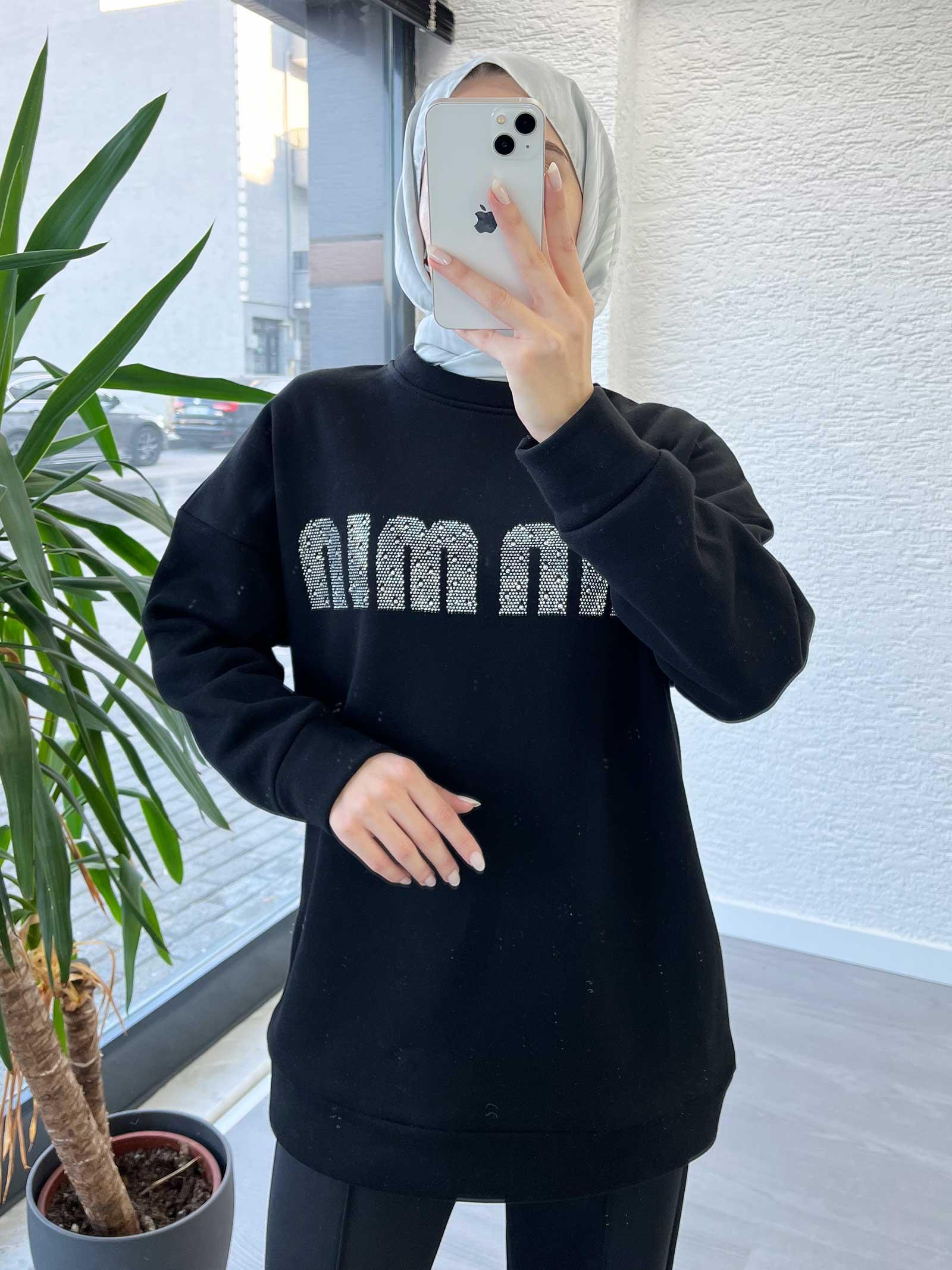 Siyah Kadın Jardonlu Sweatshirt