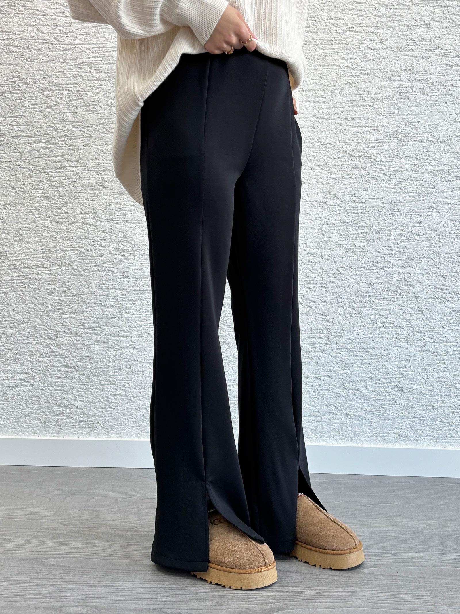 Siyah Kadın Önü Yırtmaç Detaylı Scuba Pantolon