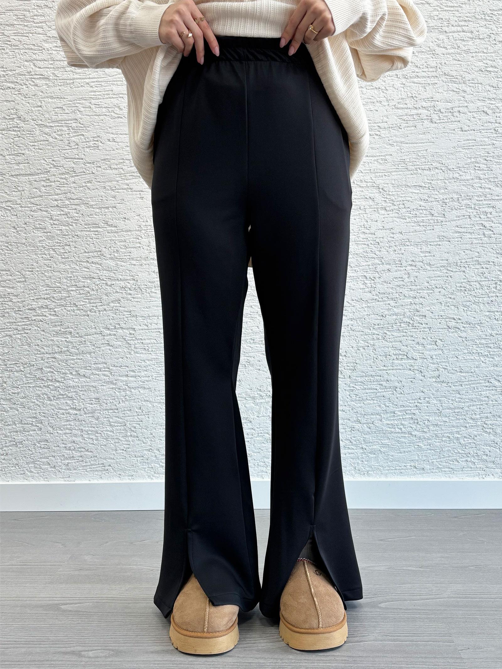 Siyah Kadın Önü Yırtmaç Detaylı Scuba Pantolon