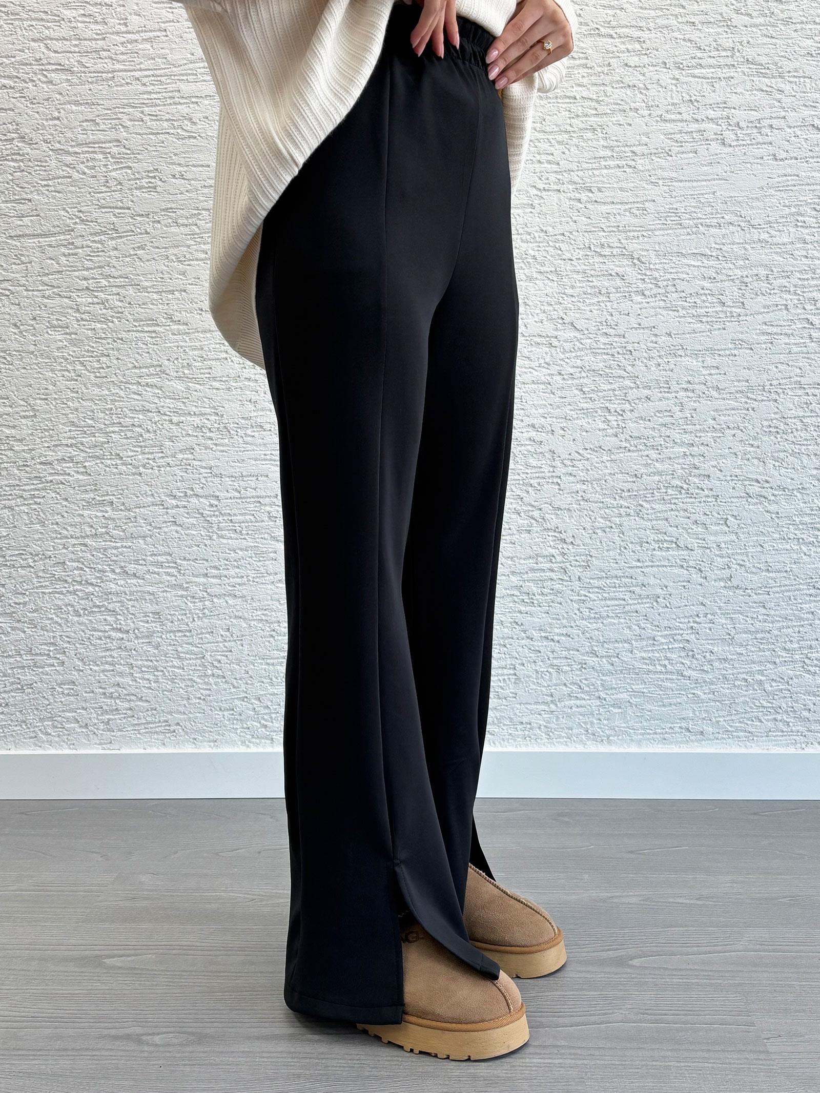 Siyah Kadın Önü Yırtmaç Detaylı Scuba Pantolon