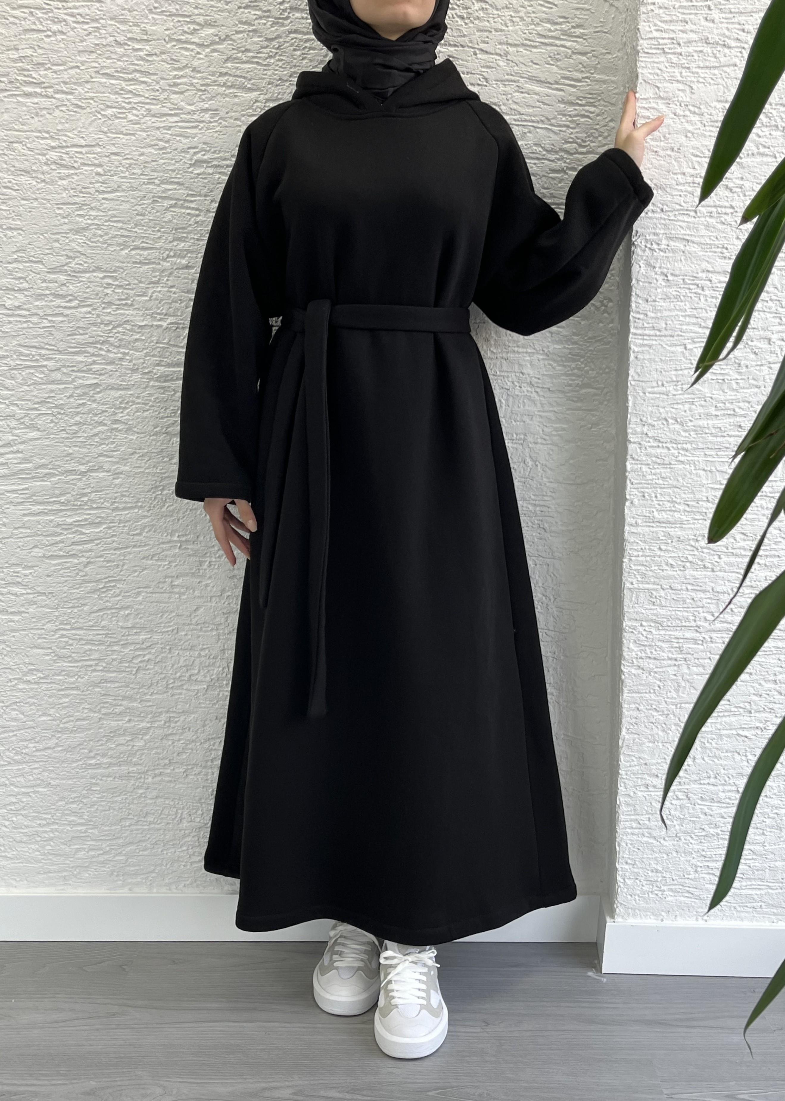Siyah Kapşonlu Oversize Sweat Elbise