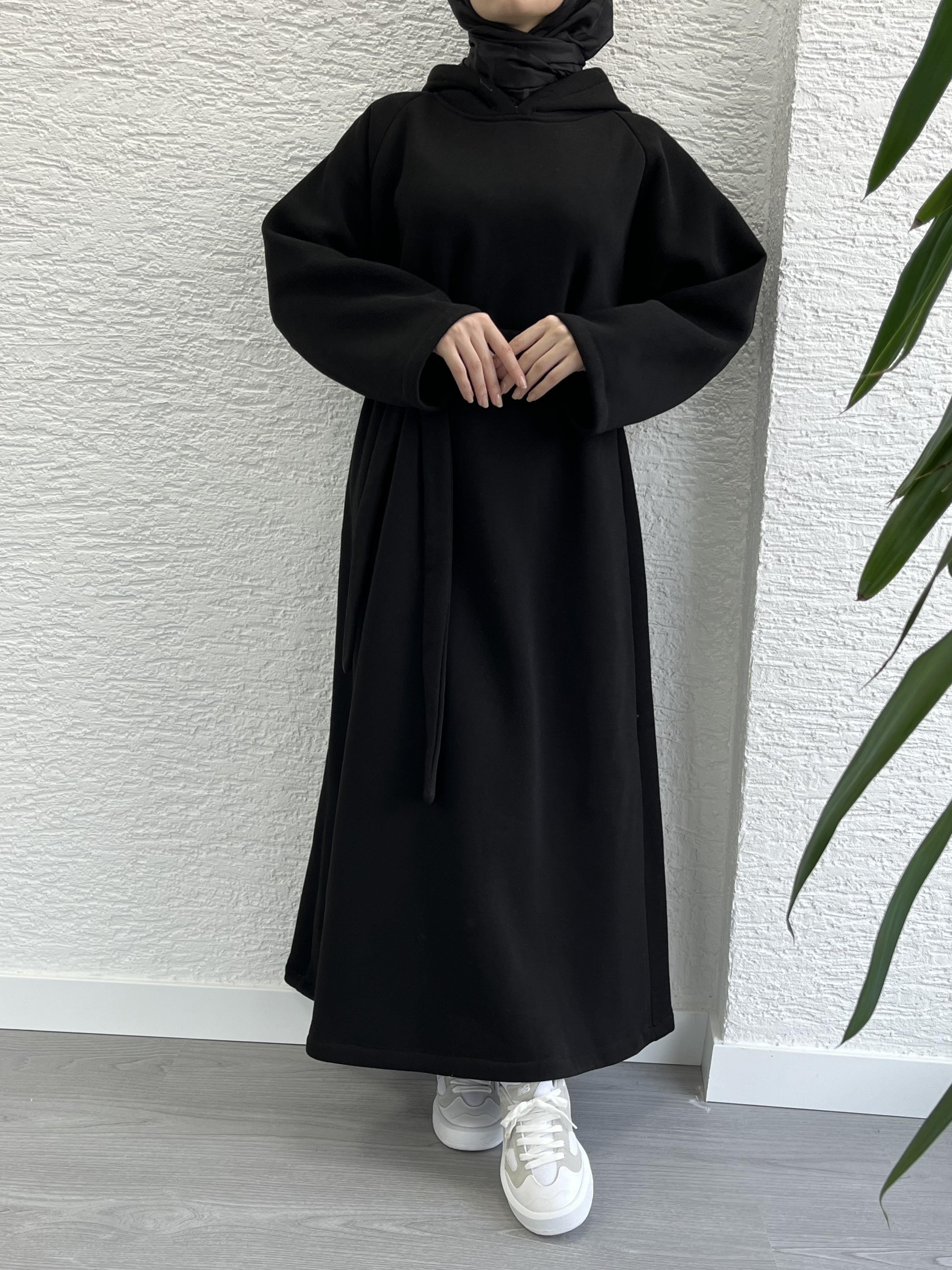 Siyah Kapşonlu Oversize Sweat Elbise