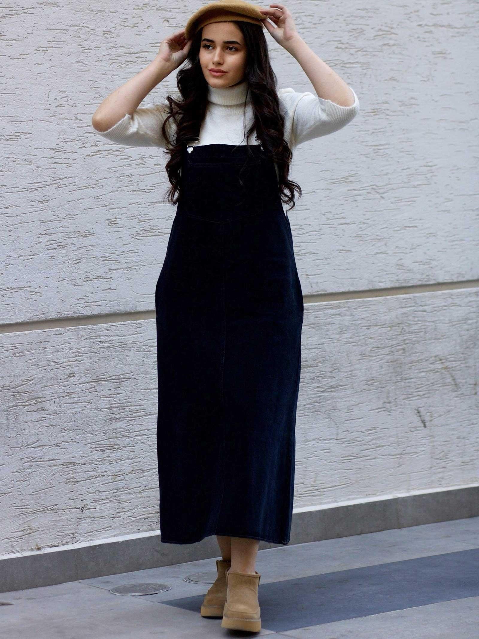 Siyah Modern Kesim Kot Salopet Elbise