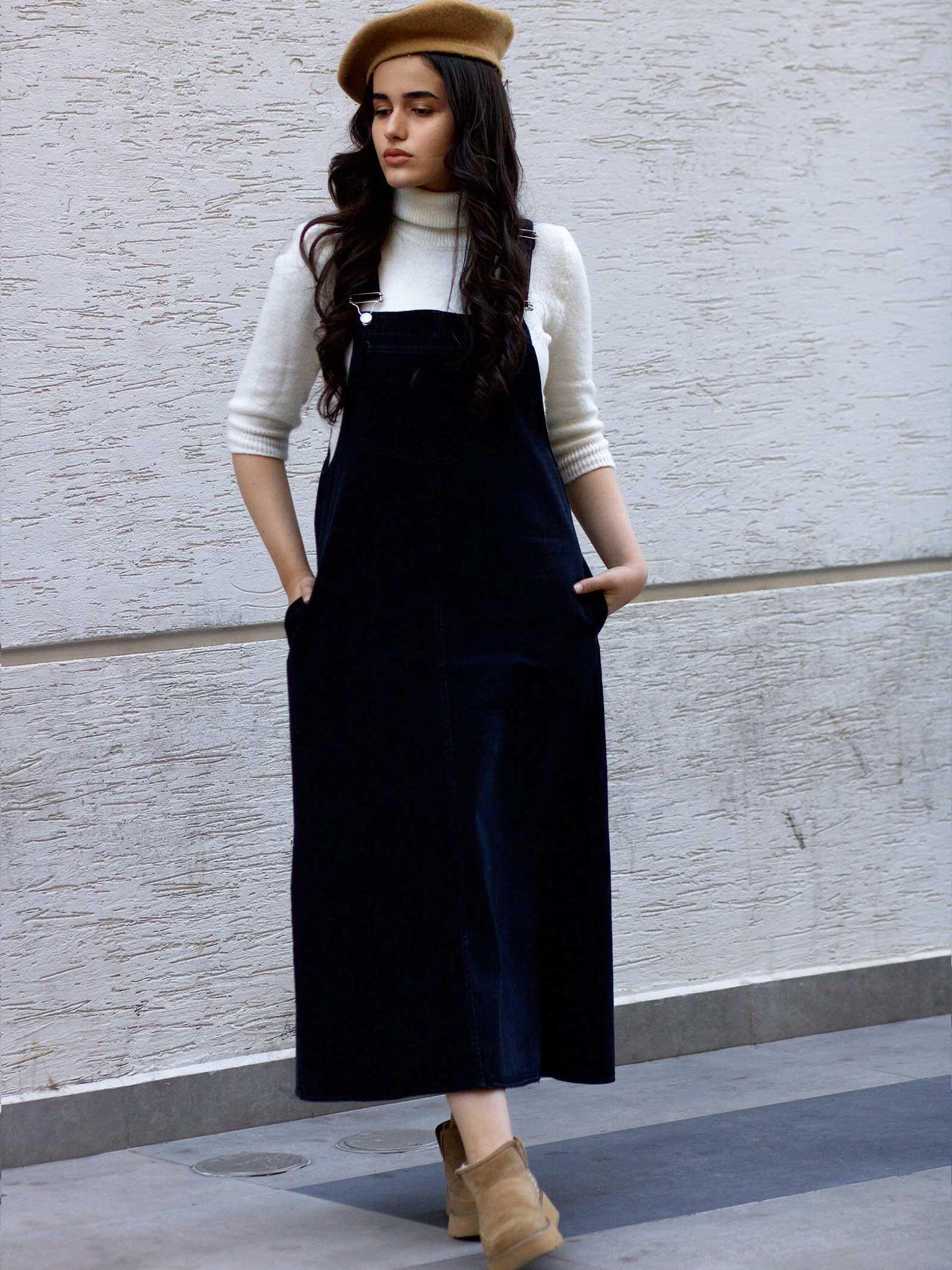 Siyah Modern Kesim Kot Salopet Elbise