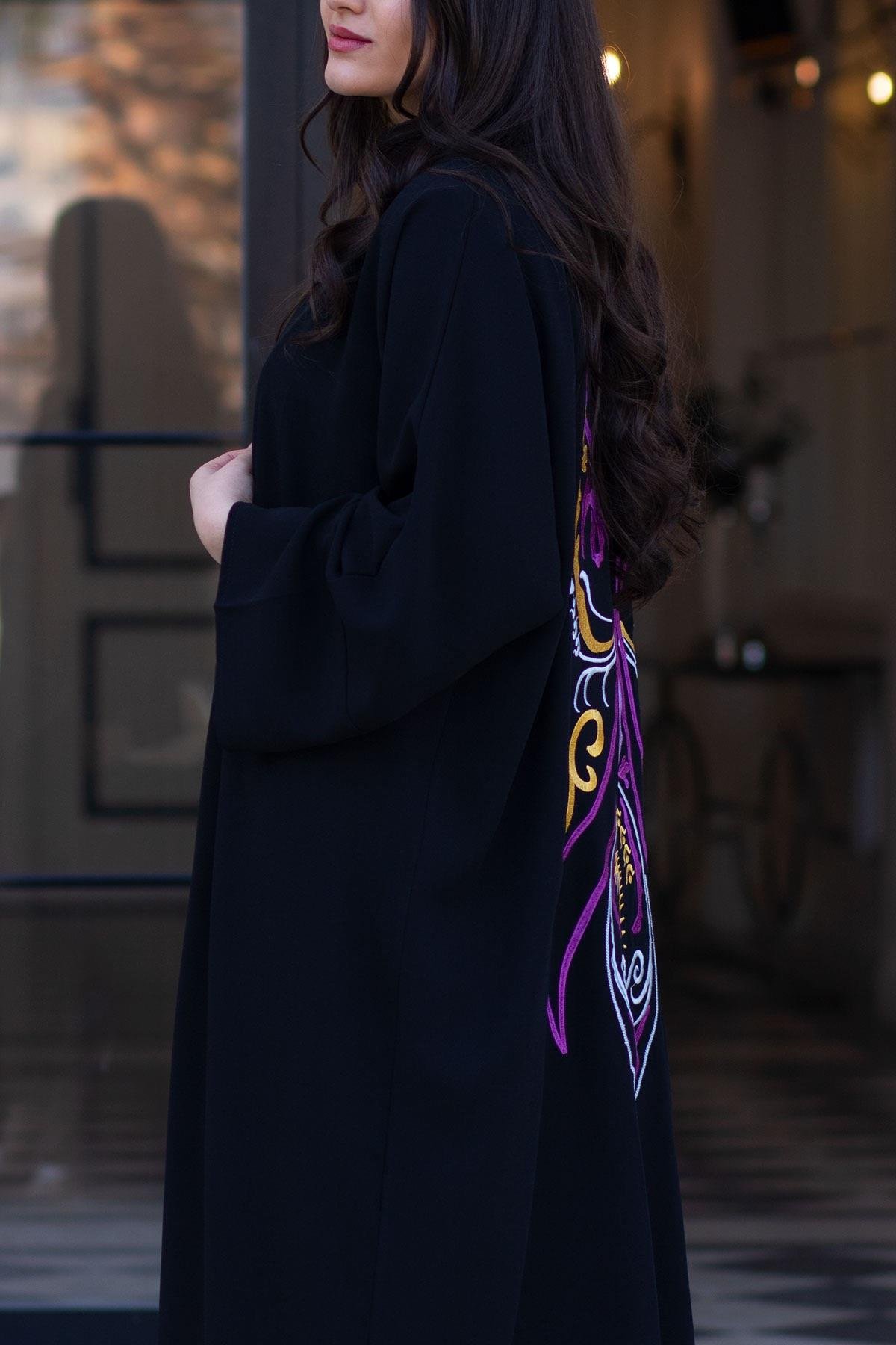 Siyah Nare Nakışlı Abaya