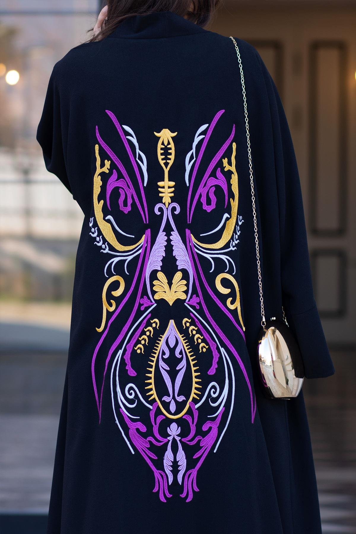 Siyah Nare Nakışlı Abaya