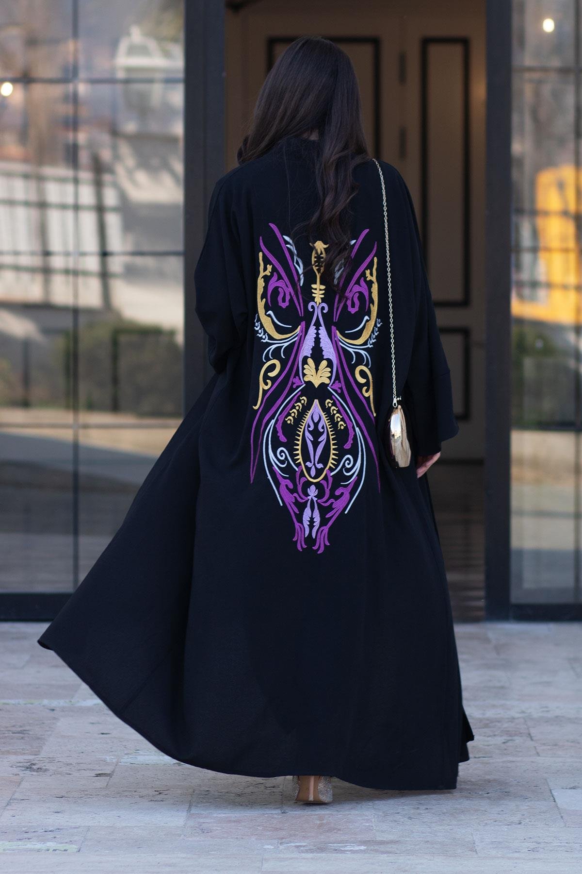 Siyah Nare Nakışlı Abaya