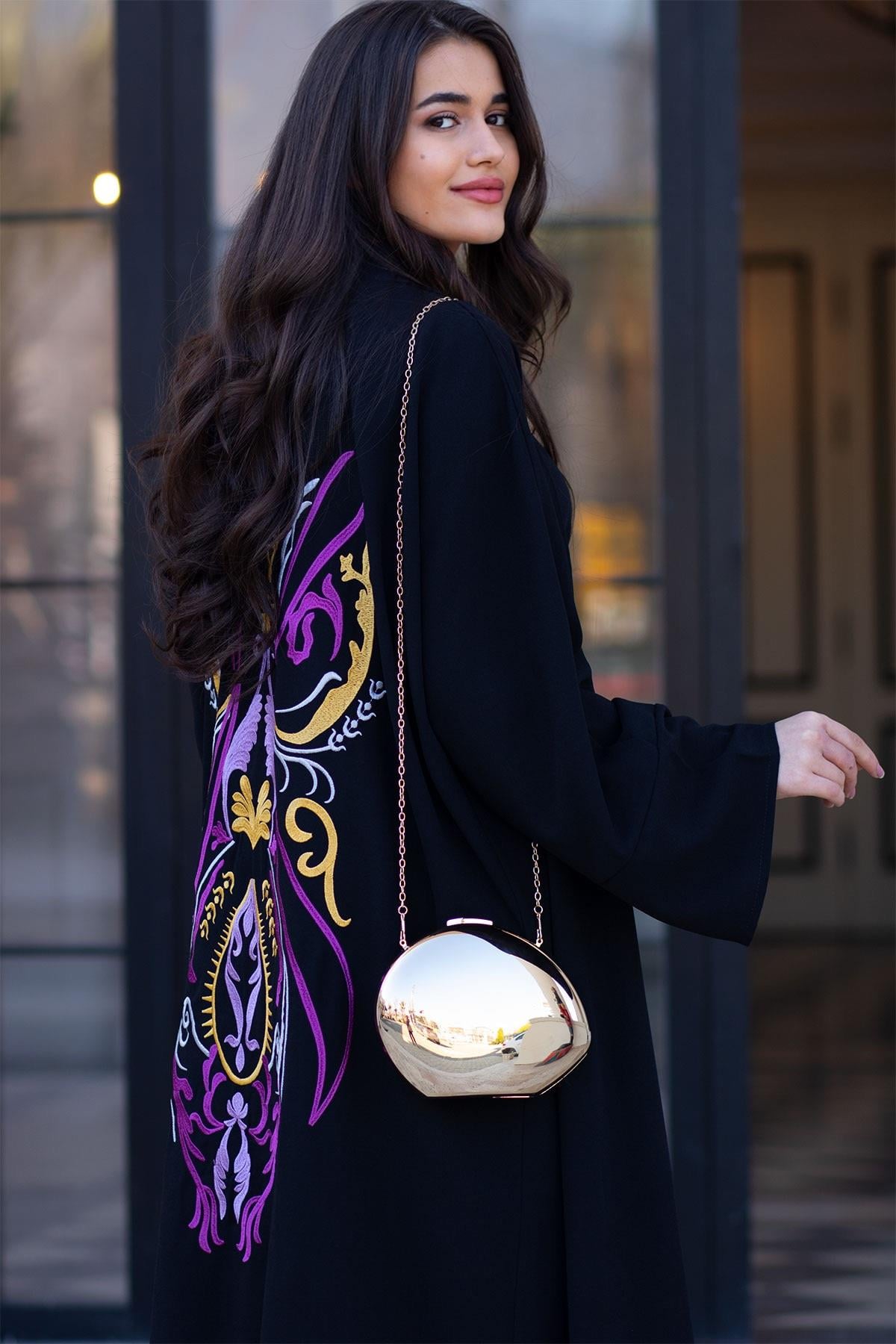 Siyah Nare Nakışlı Abaya