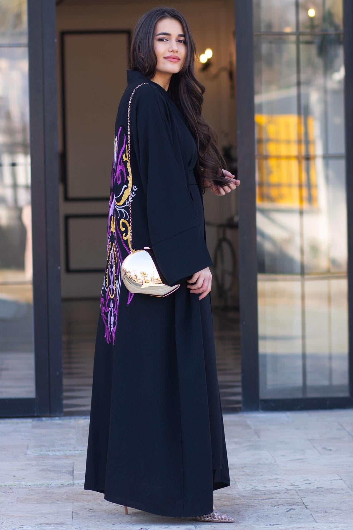 Siyah Nare Nakışlı Abaya