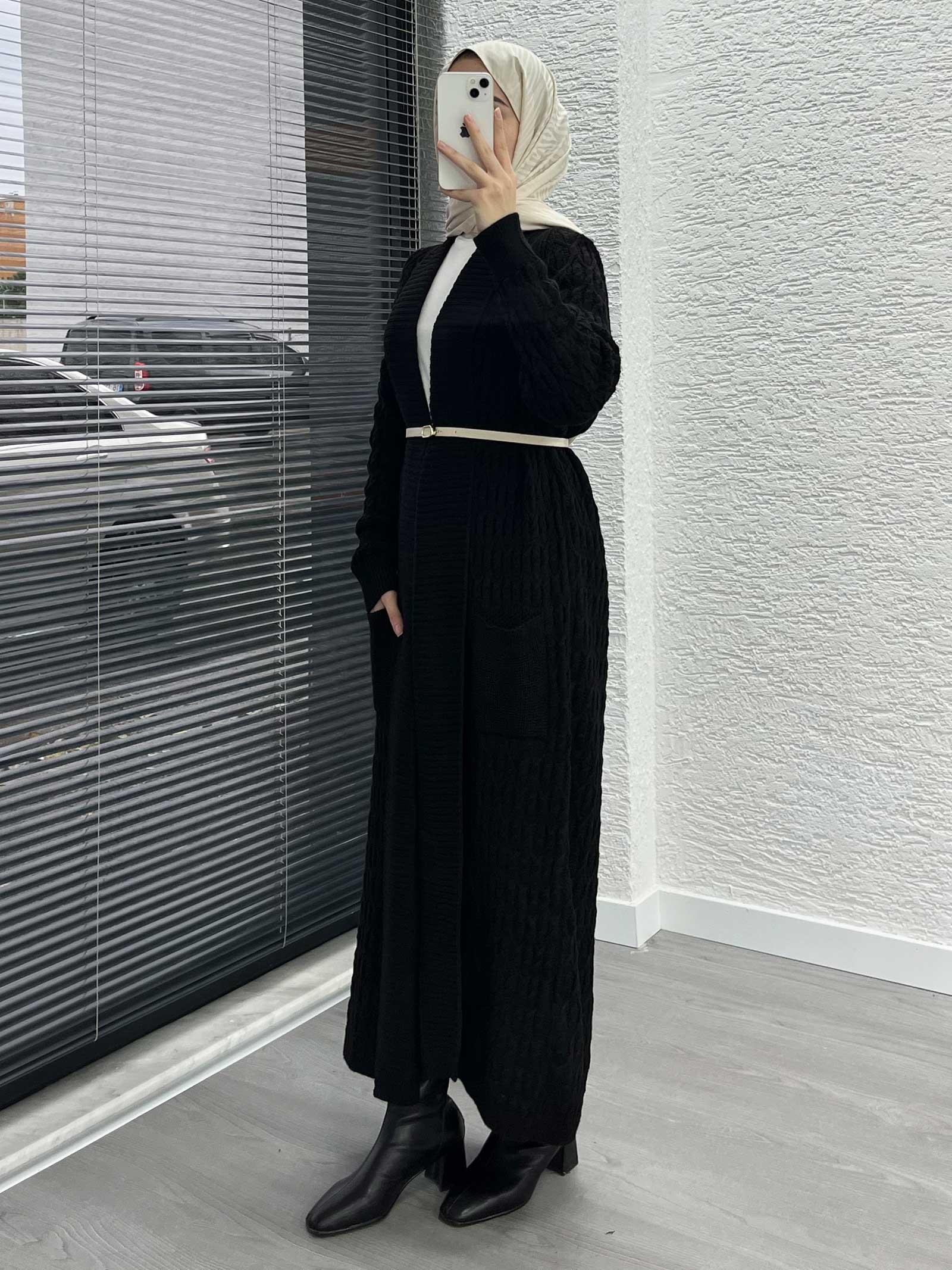 Siyah Örgü Desenli Uzun Triko Hırka