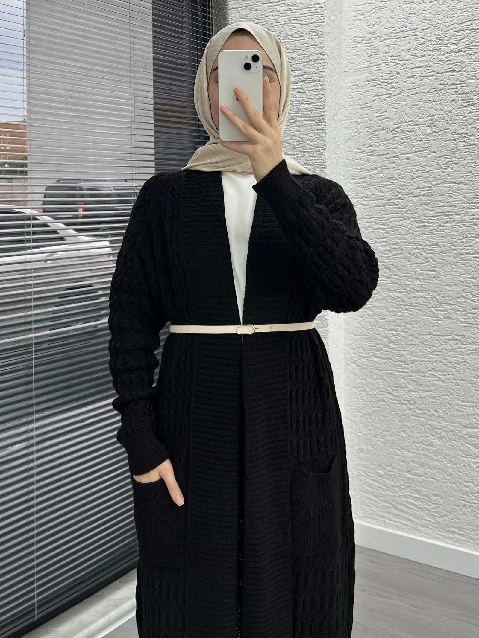 Siyah Örgü Desenli Uzun Triko Hırka