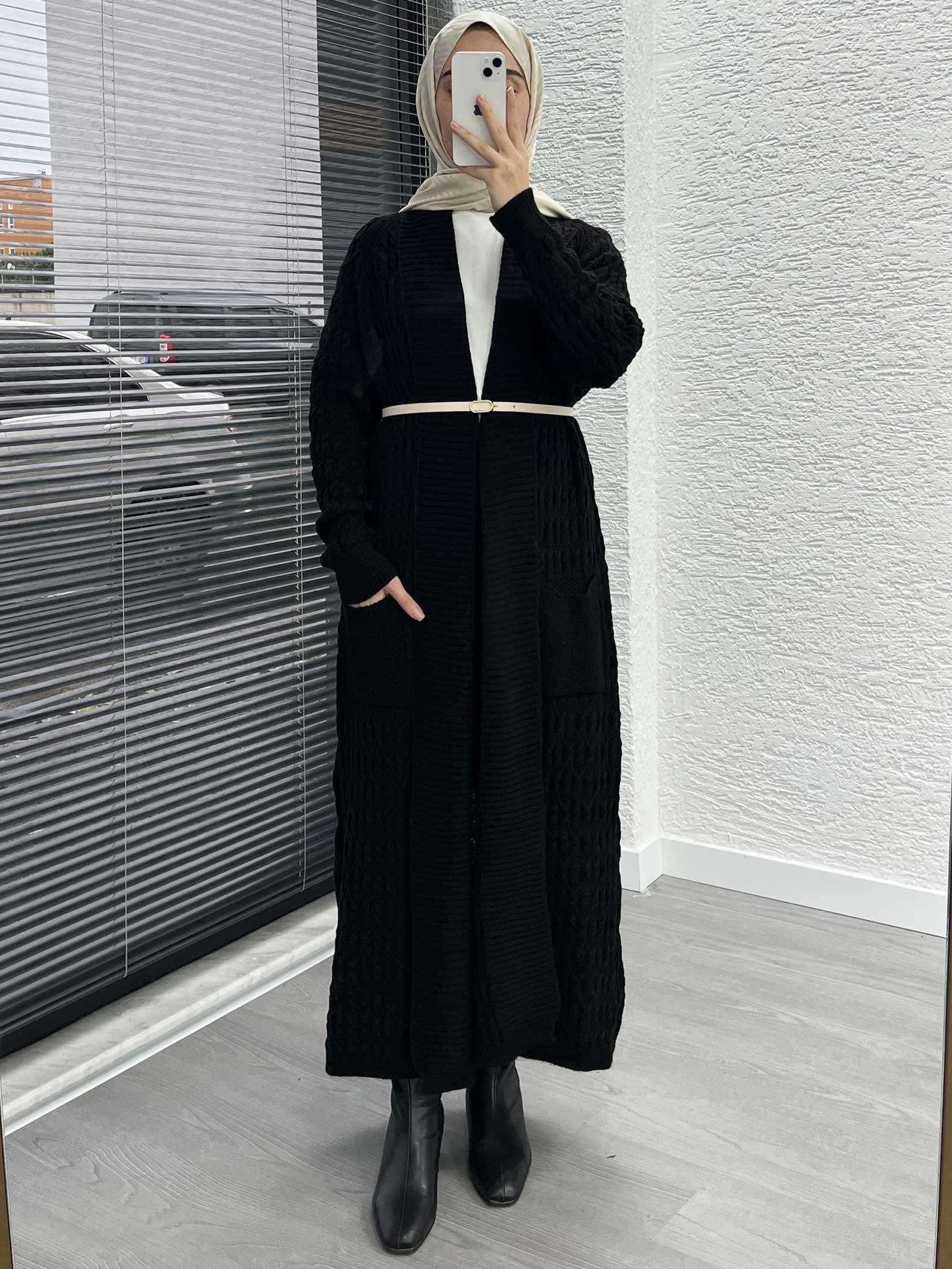 Siyah Örgü Desenli Uzun Triko Hırka