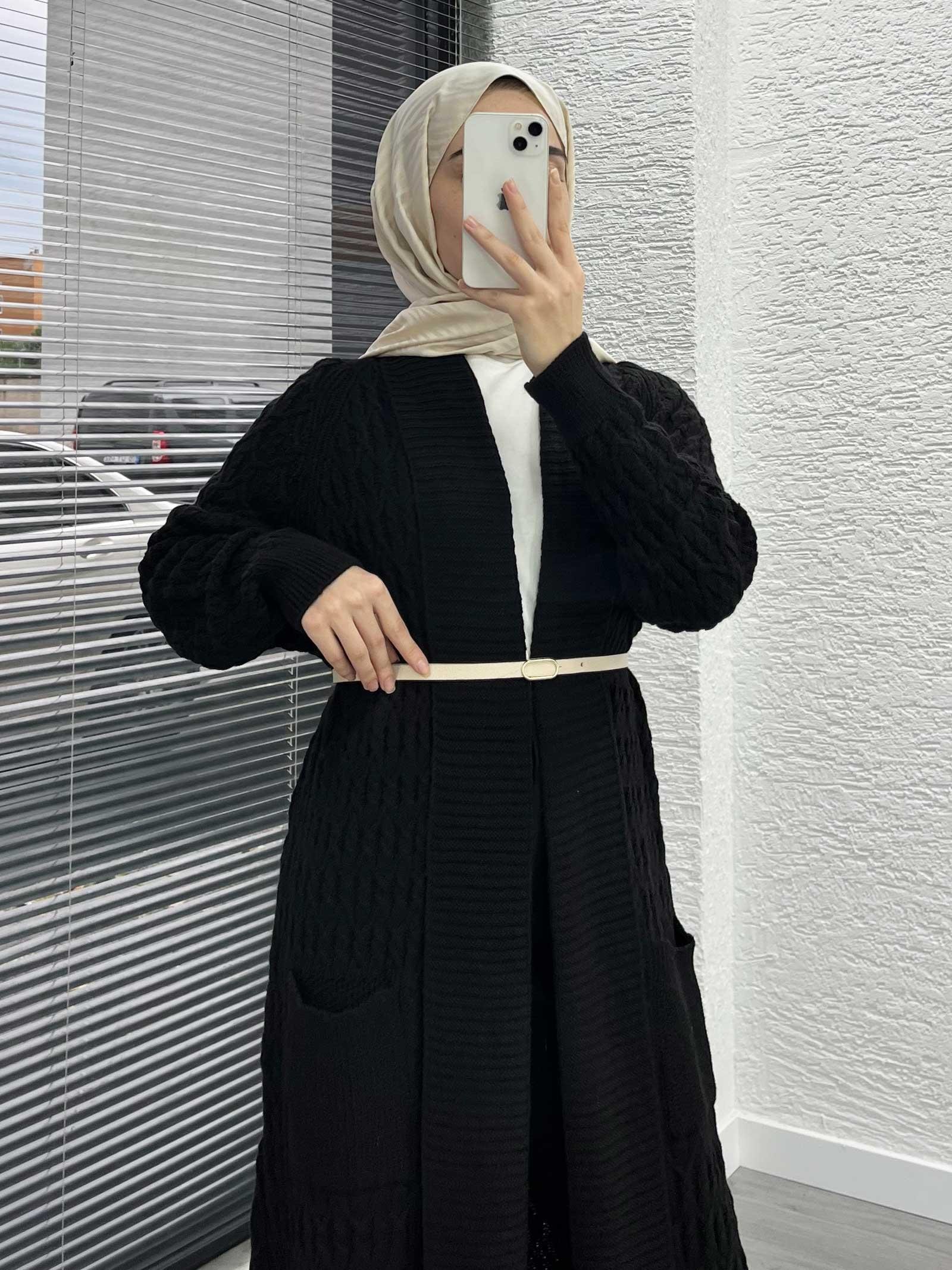 Siyah Örgü Desenli Uzun Triko Hırka