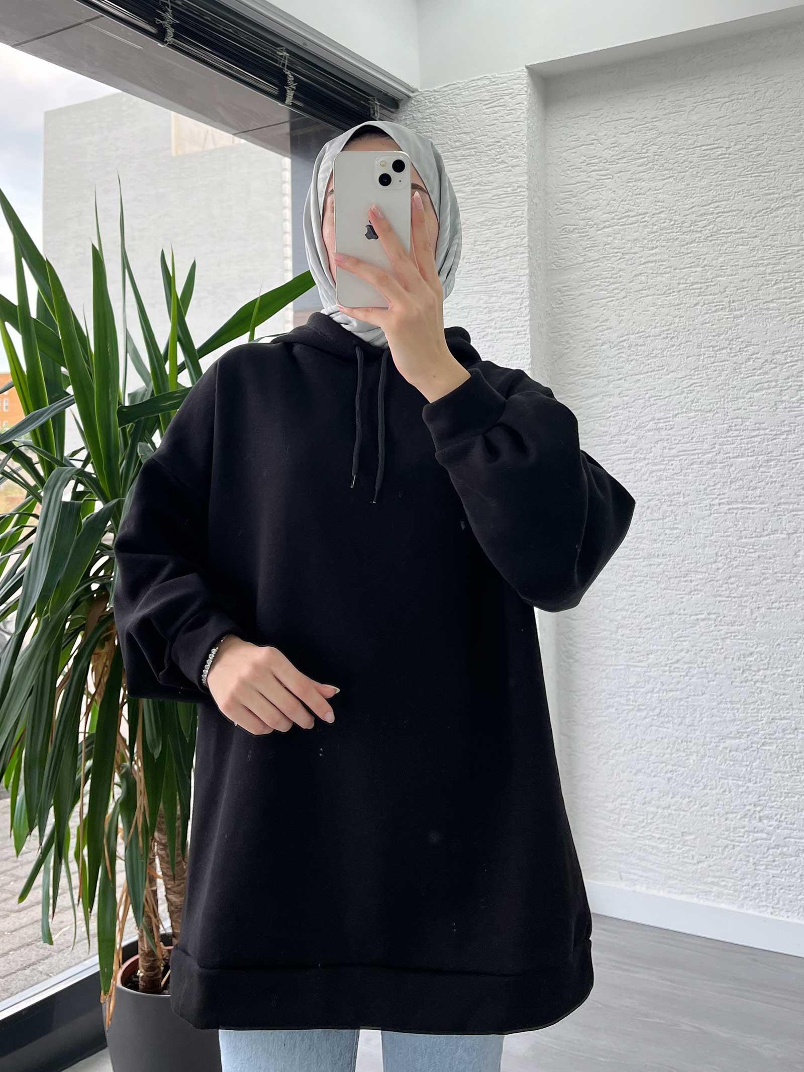 Siyah Oversize Kapüşonlu Sweat