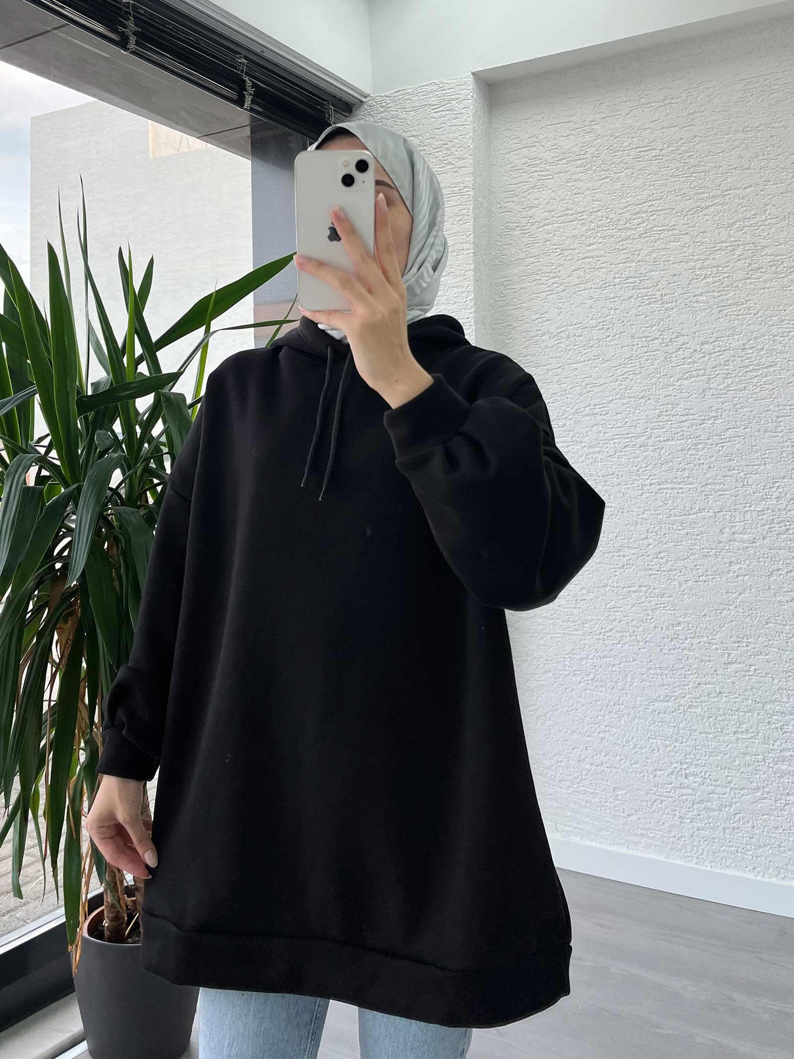 Siyah Oversize Kapüşonlu Sweat