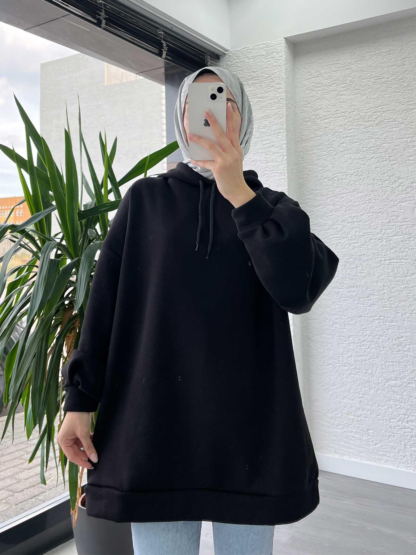 Siyah Oversize Kapüşonlu Sweat