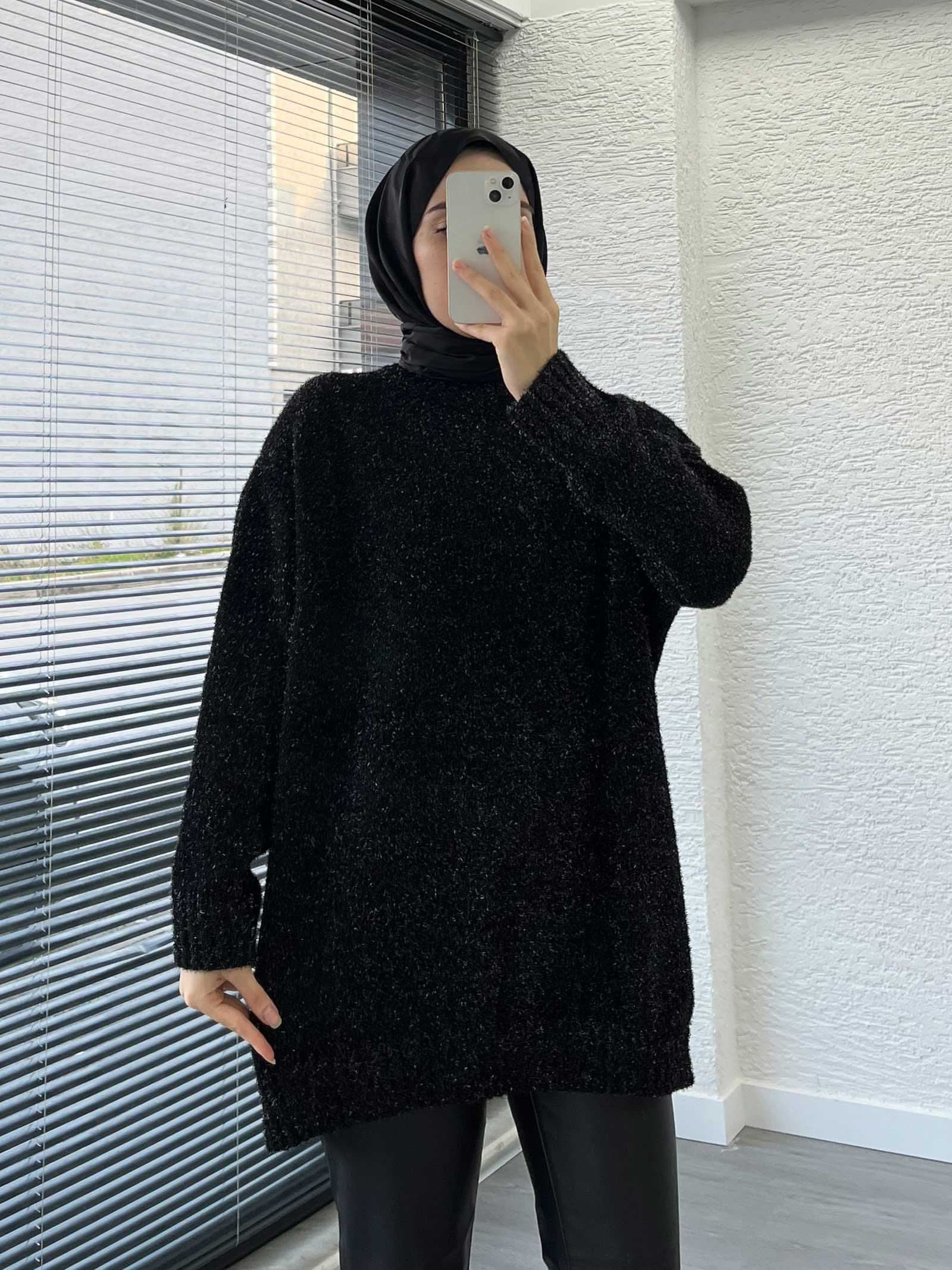 Siyah Simli Oversize Kadın Kazak