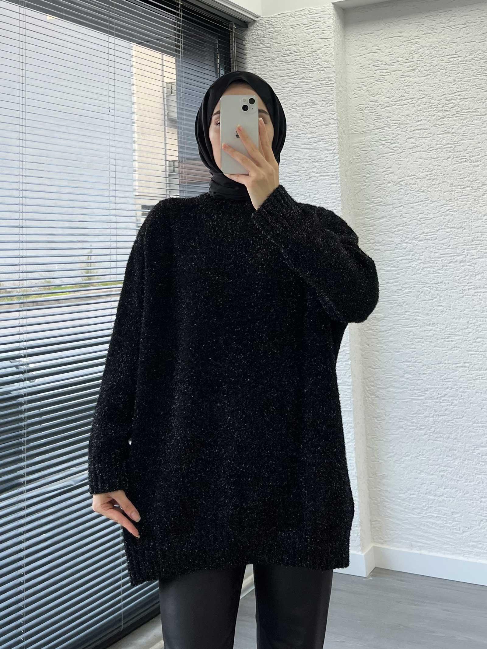 Siyah Simli Oversize Kadın Kazak