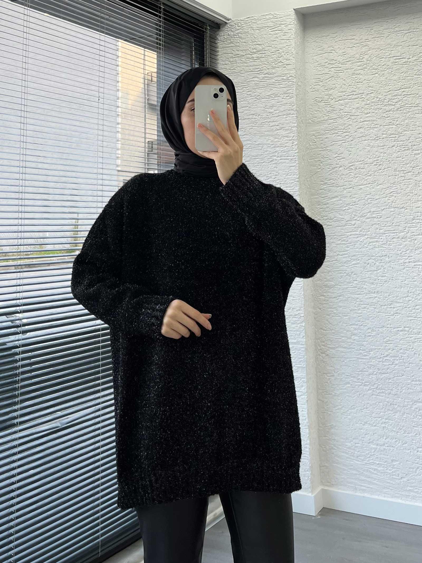 Siyah Simli Oversize Kadın Kazak