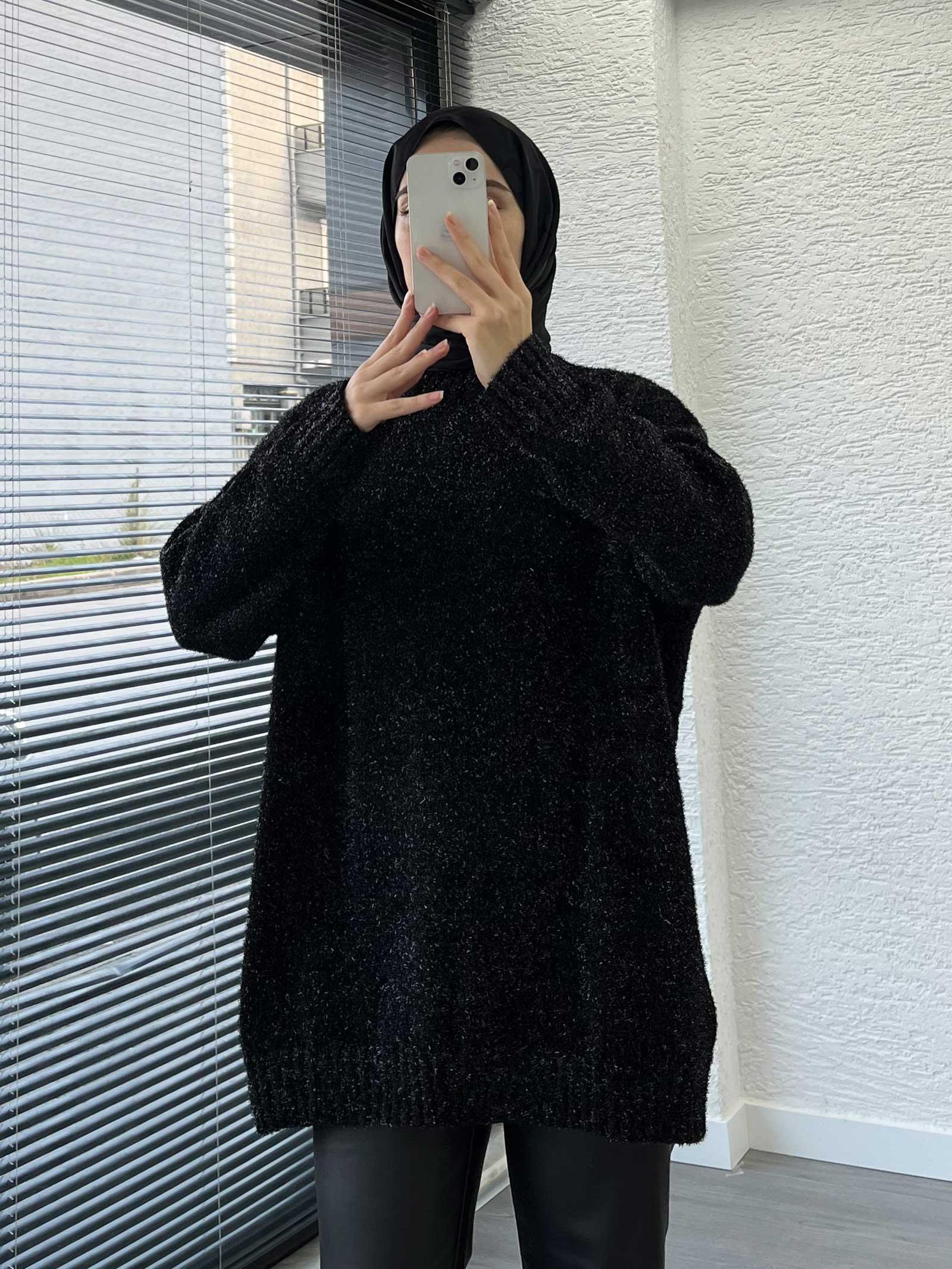 Siyah Simli Oversize Kadın Kazak