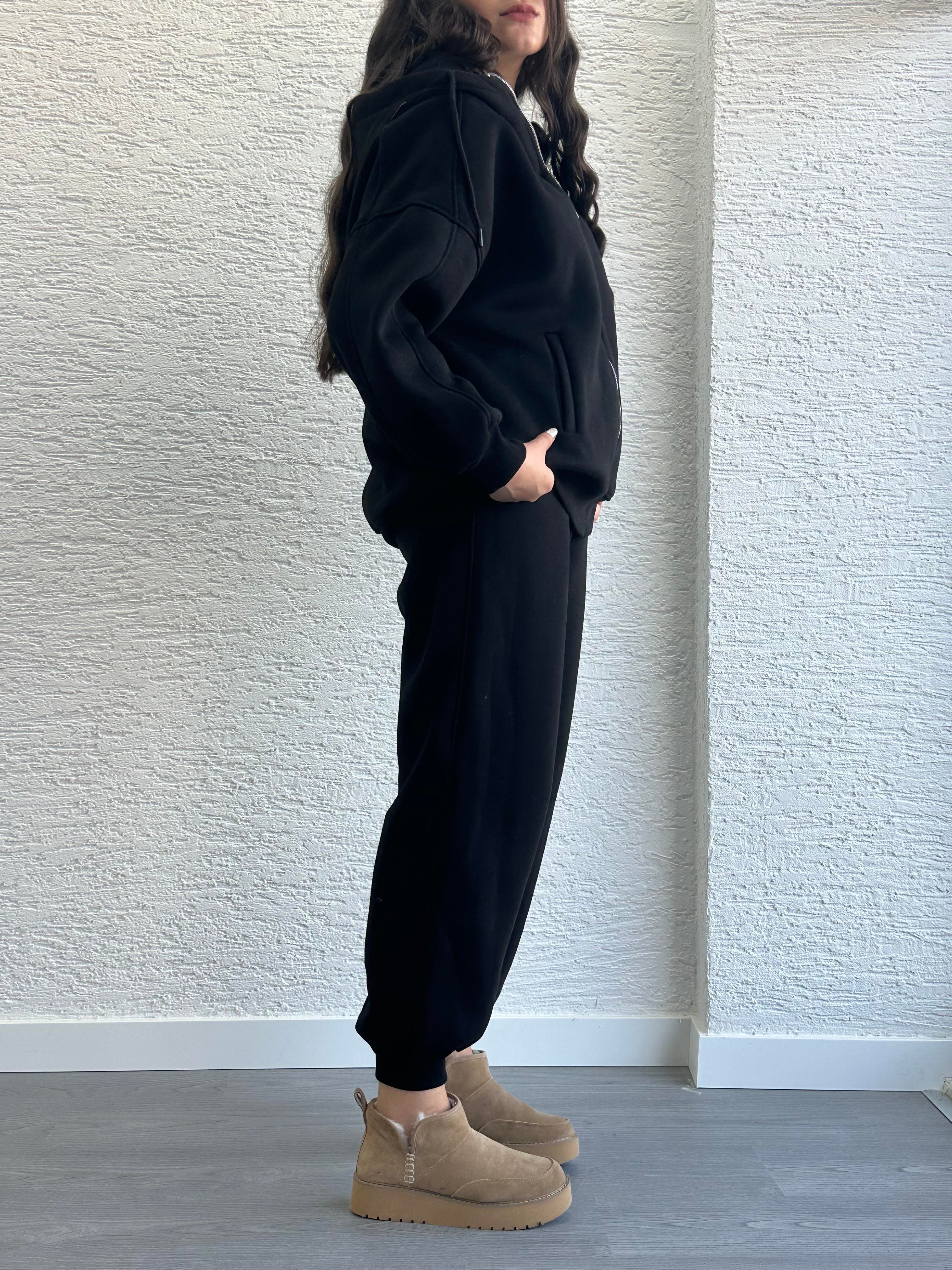 Siyah Üç İplik Şardonlu Eşofman Takım