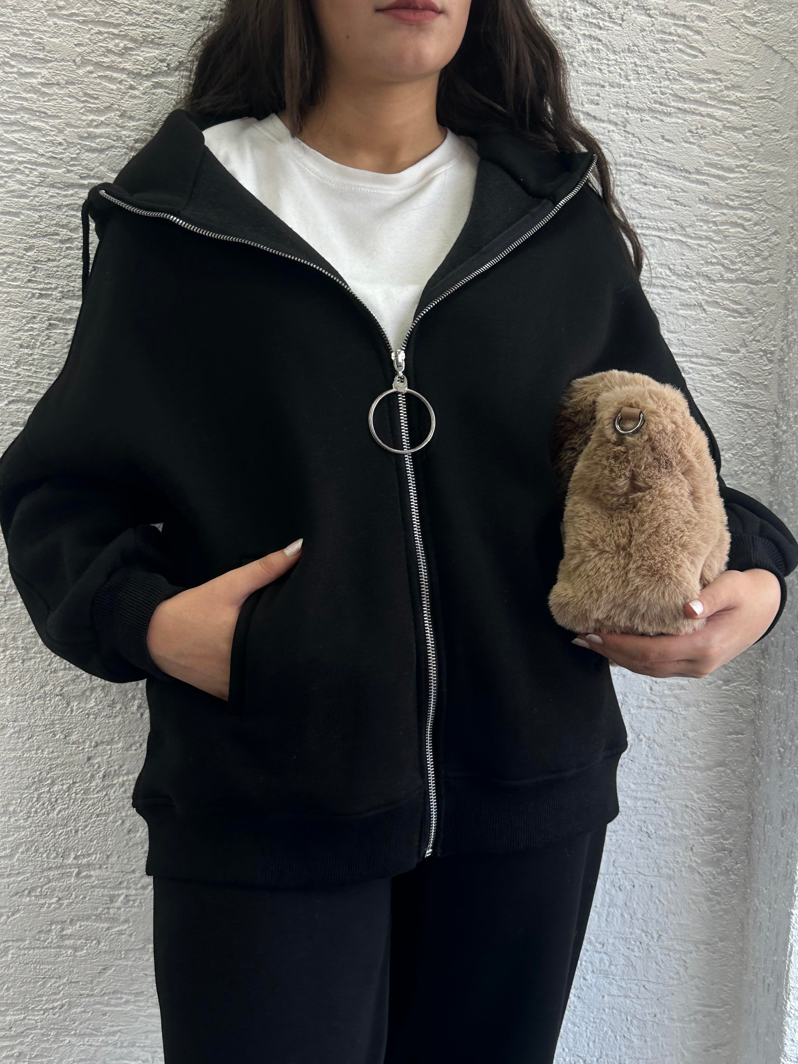 Siyah Üç İplik Şardonlu Eşofman Takım