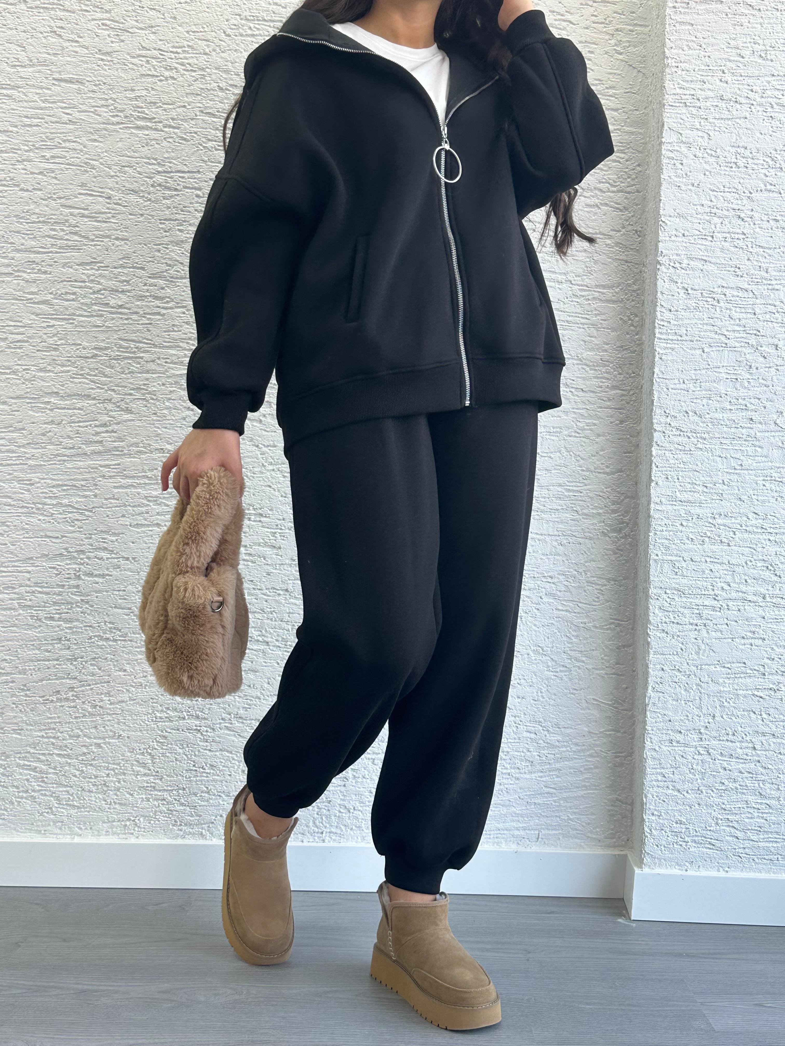 Siyah Üç İplik Şardonlu Eşofman Takım