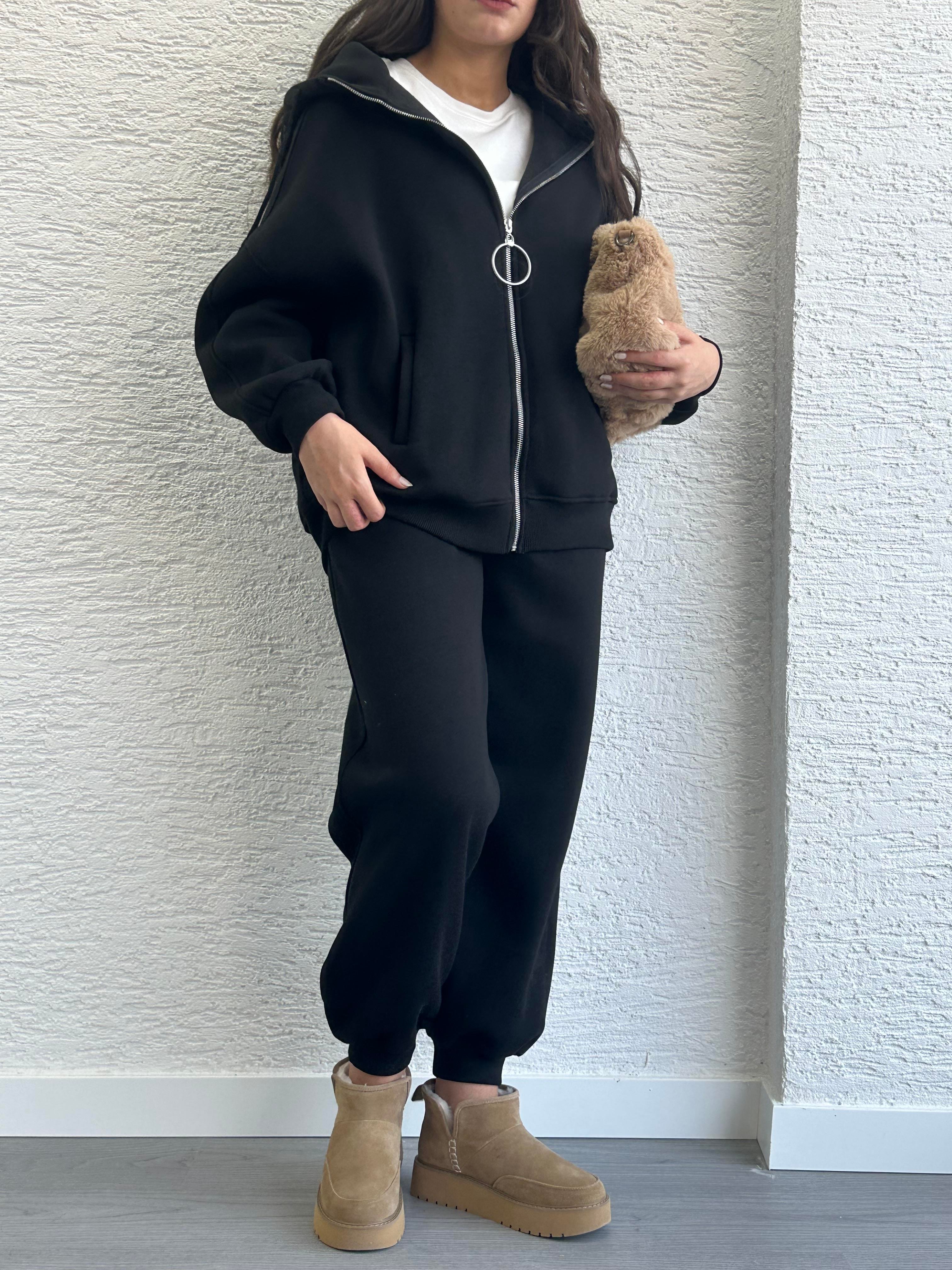 Siyah Üç İplik Şardonlu Eşofman Takım