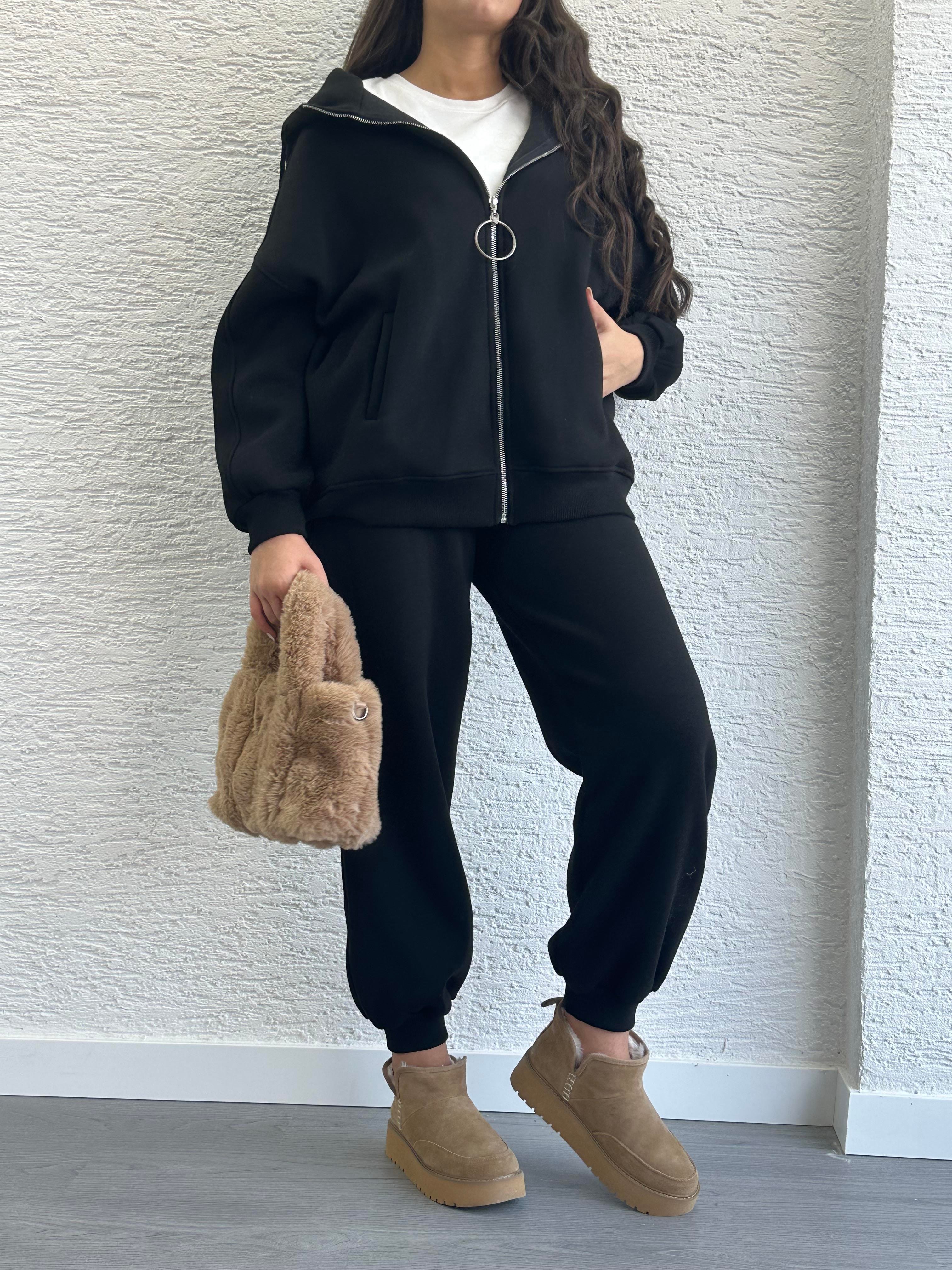 Siyah Üç İplik Şardonlu Eşofman Takım