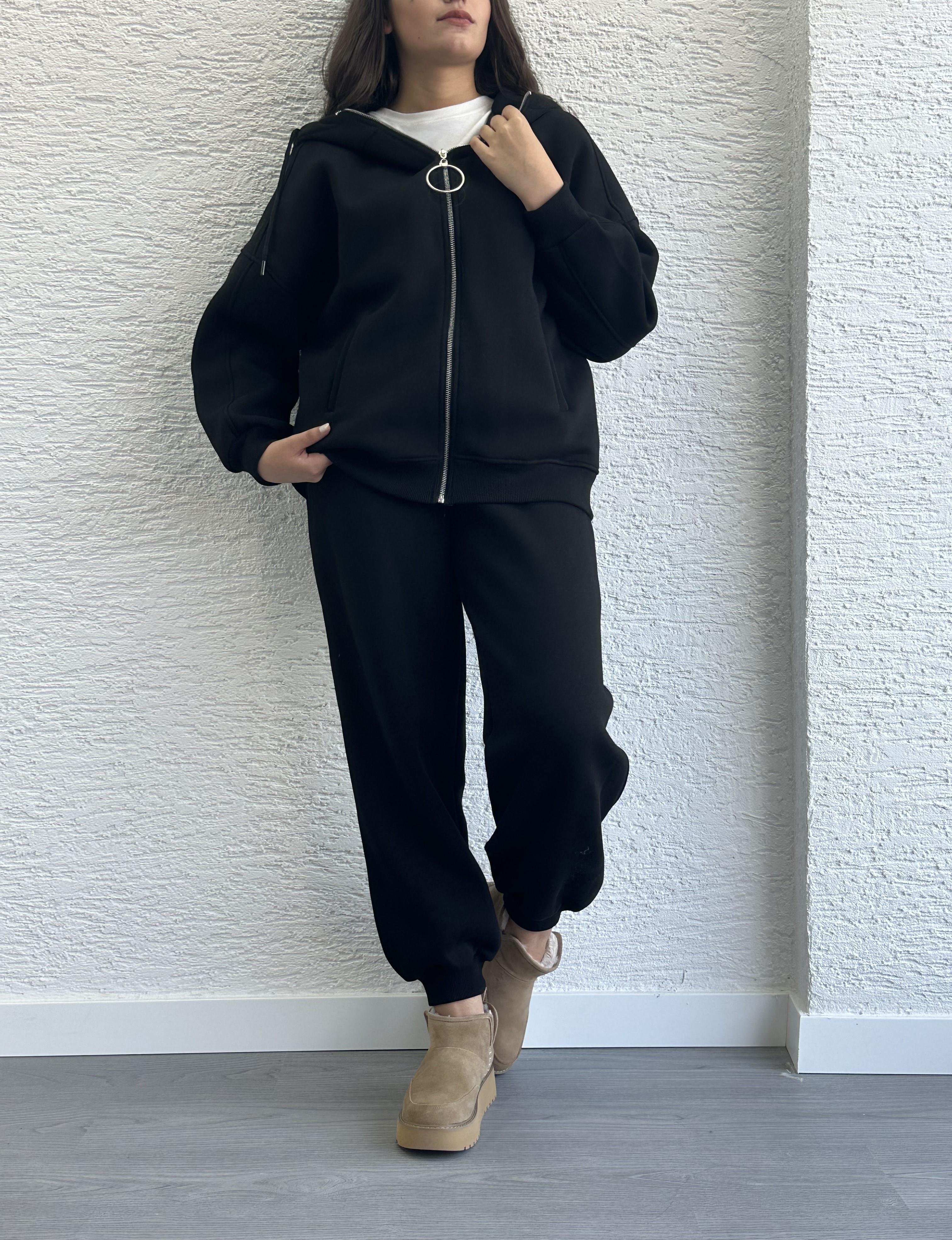 Siyah Üç İplik Şardonlu Eşofman Takım