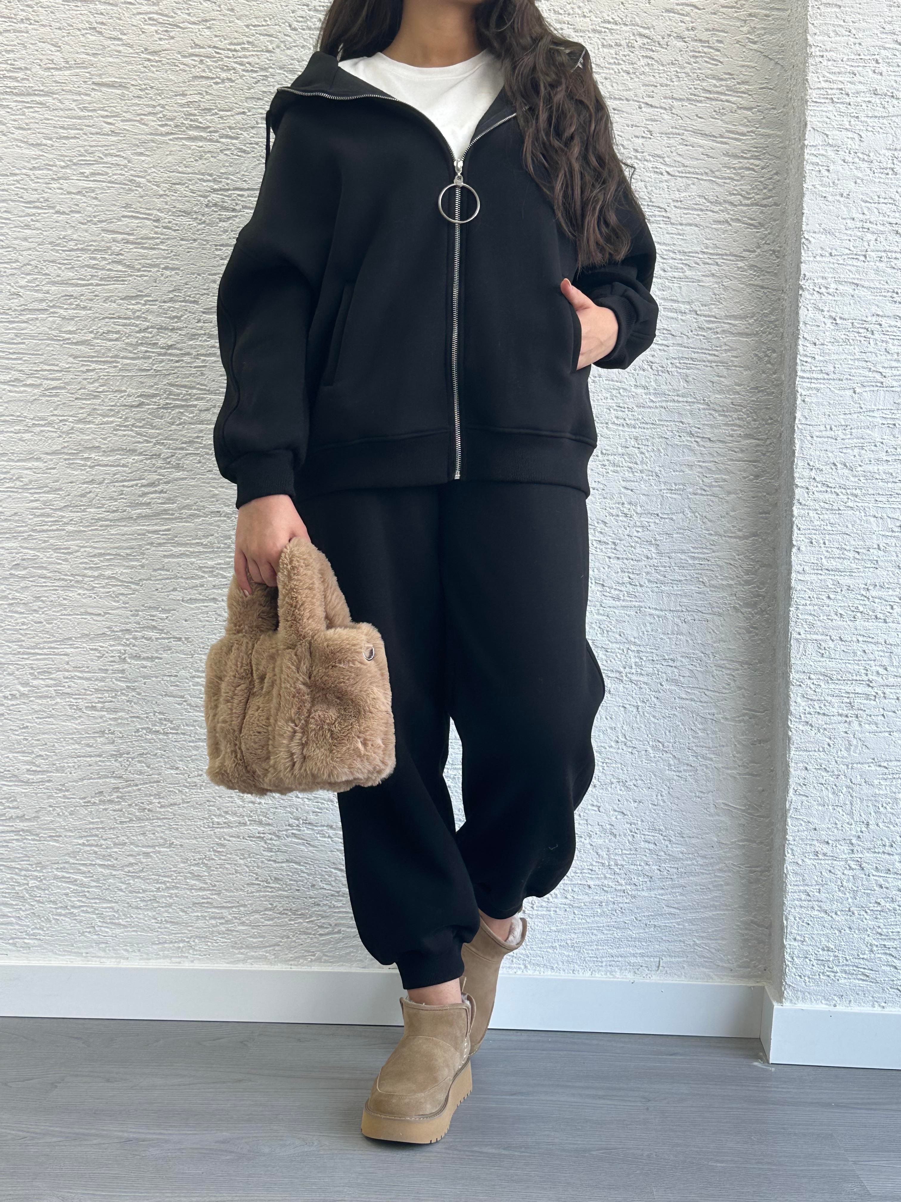 Siyah Üç İplik Şardonlu Eşofman Takım