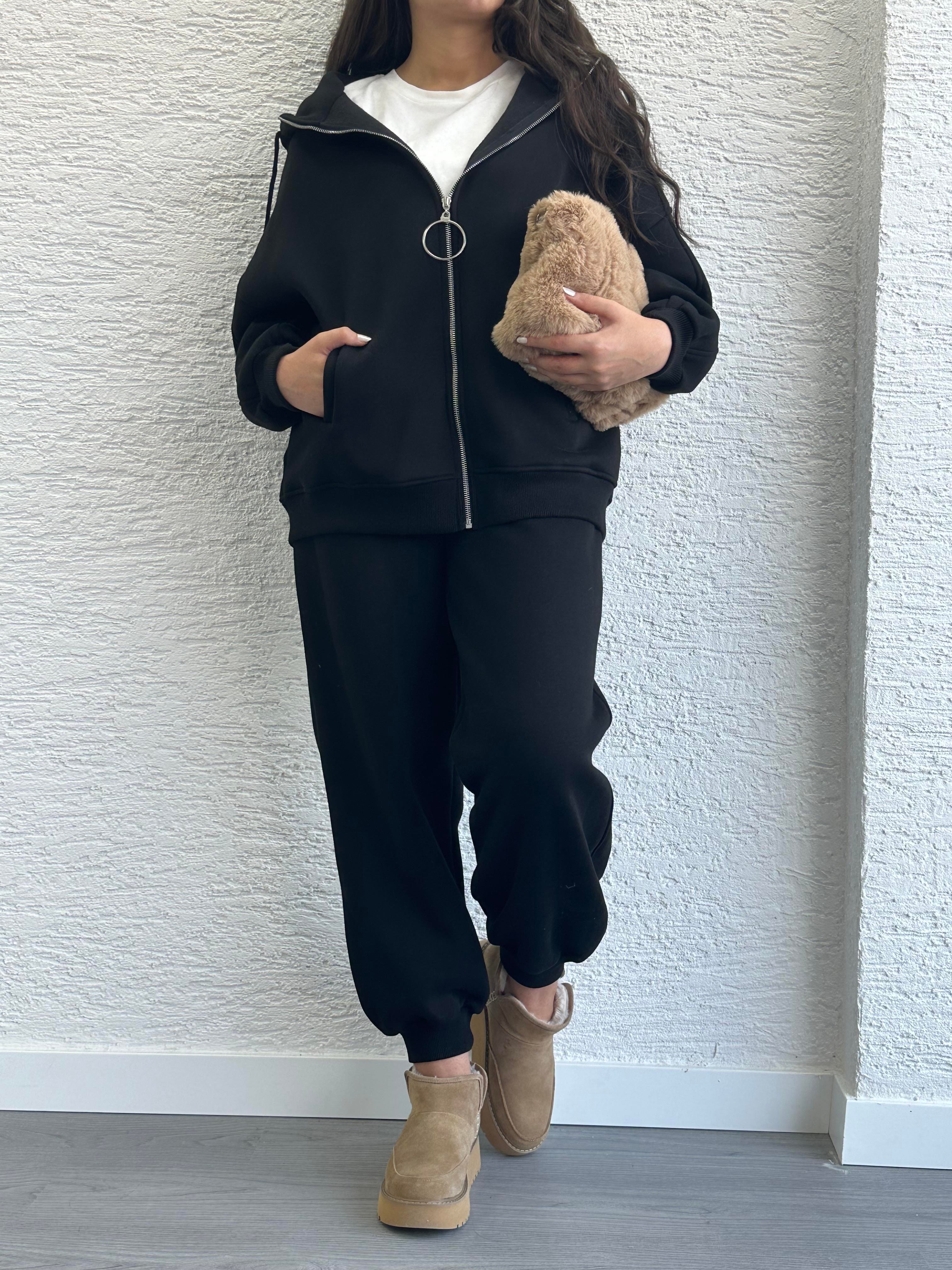 Siyah Üç İplik Şardonlu Eşofman Takım