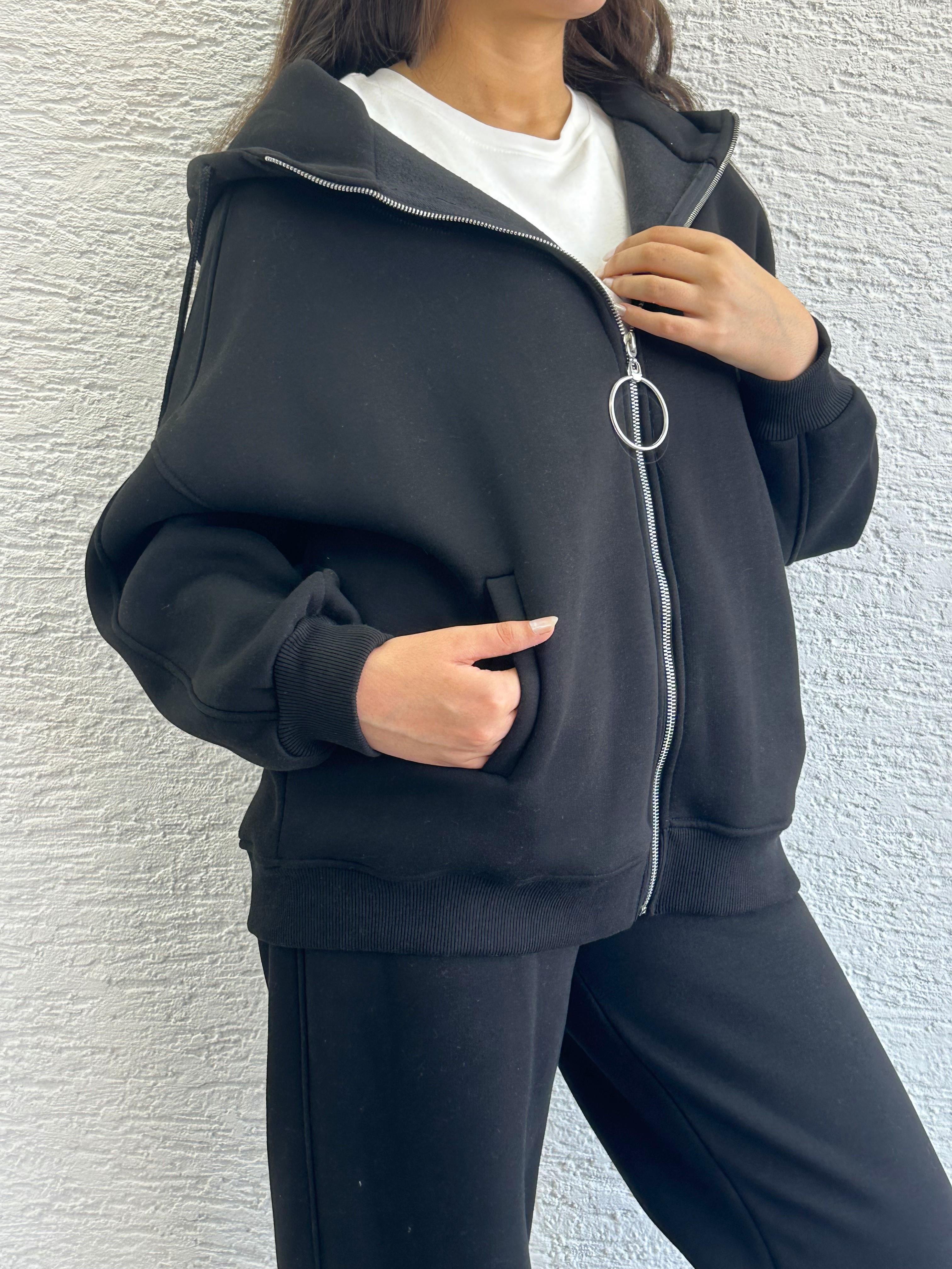 Siyah Üç İplik Şardonlu Eşofman Takım