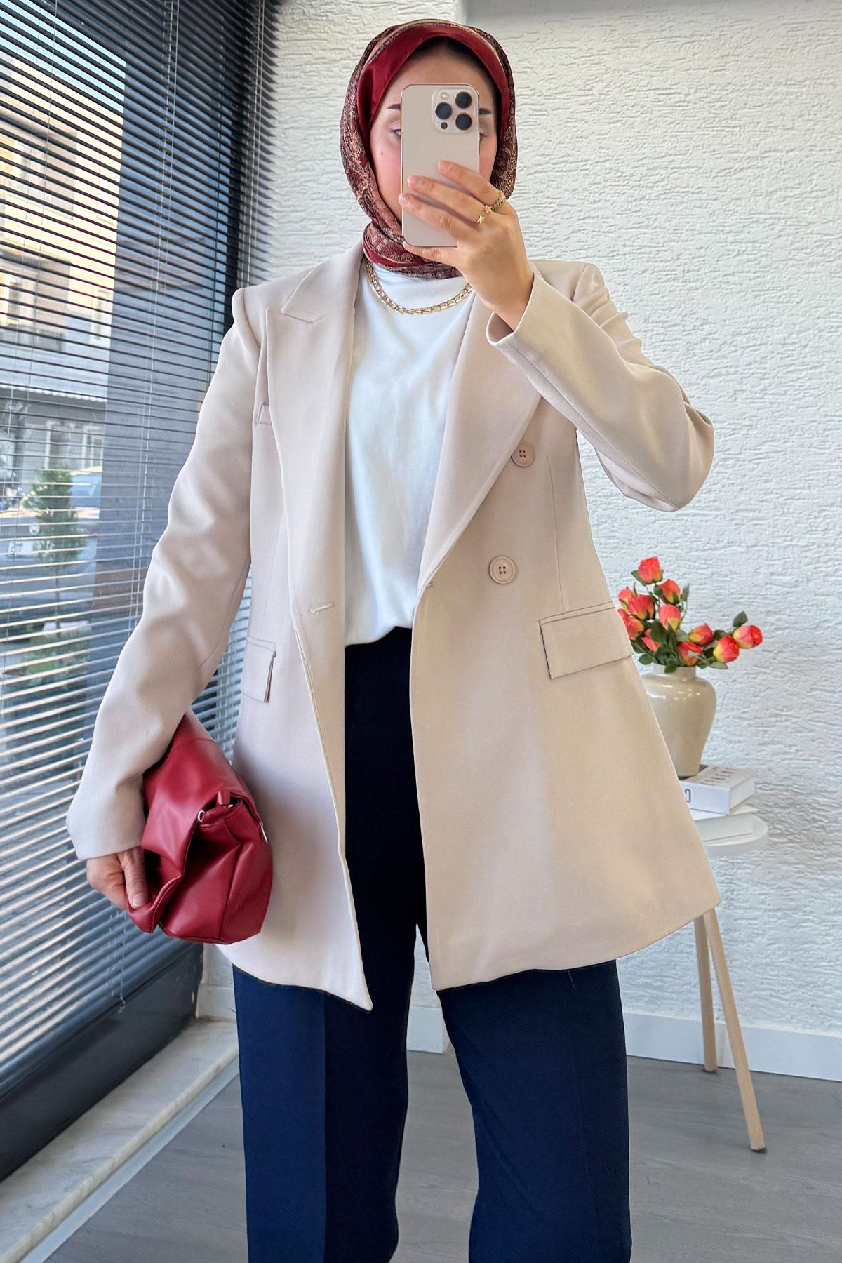 Slim Fit Kadın Blazer Ceket – Taş