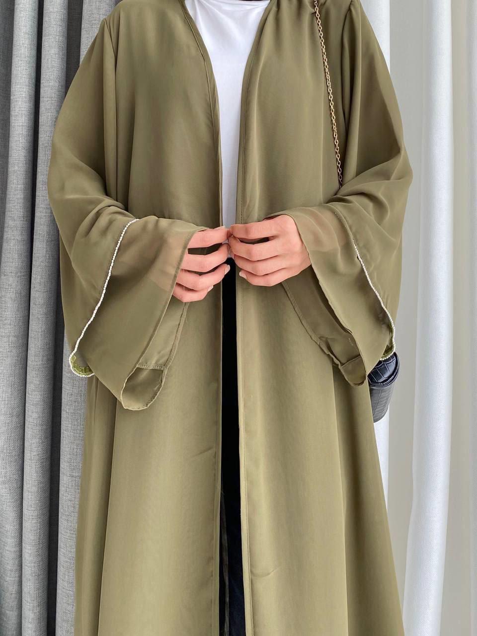 Taş baskılı haki şifon abaya