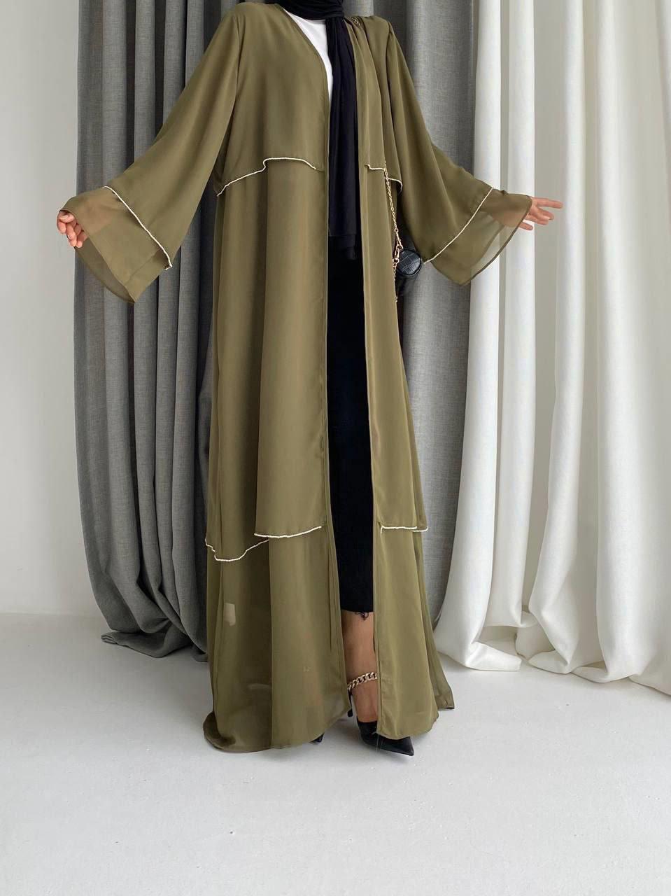 Taş baskılı haki şifon abaya