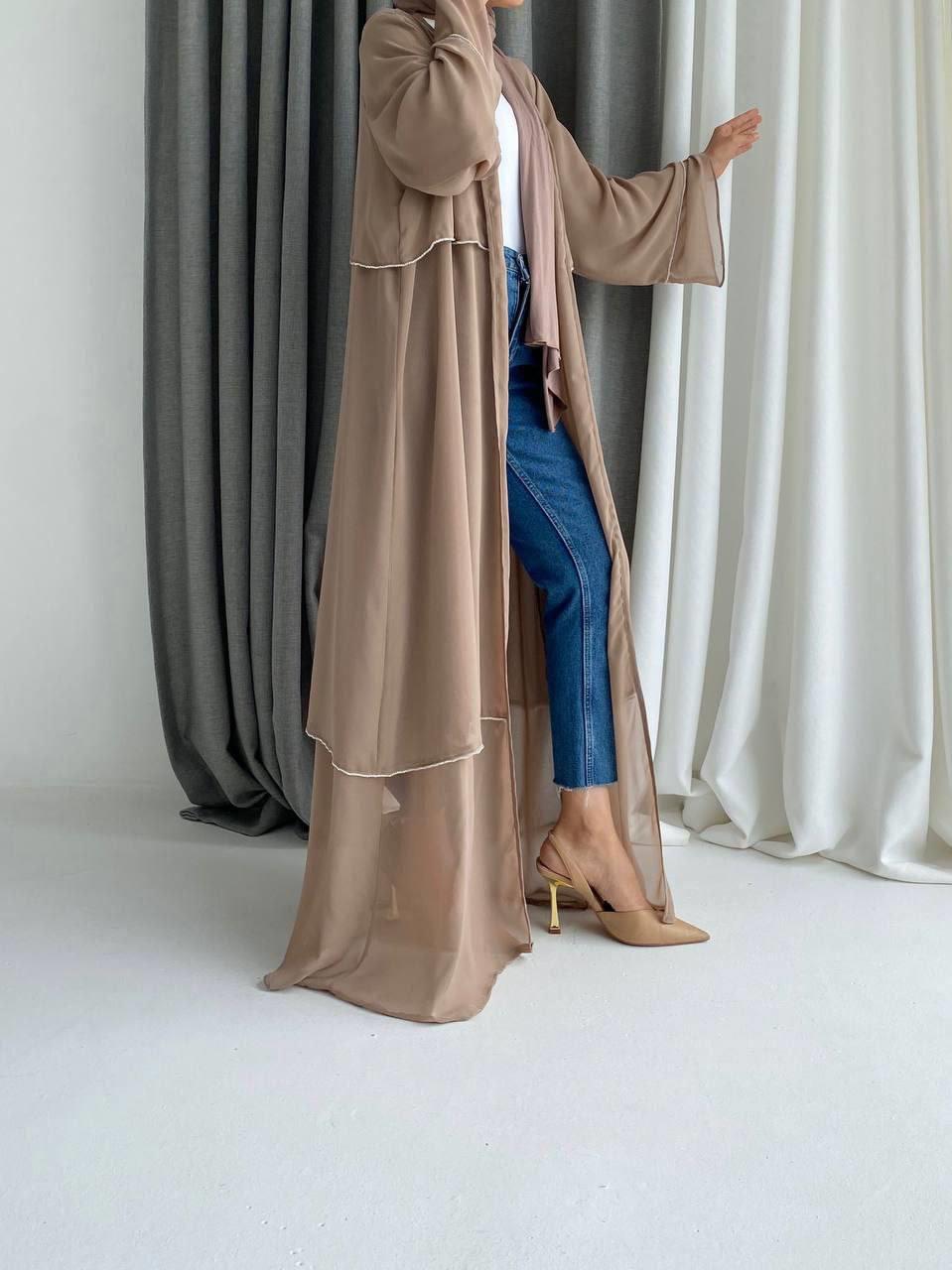 Taş baskılı kahvrengi şifon abaya 