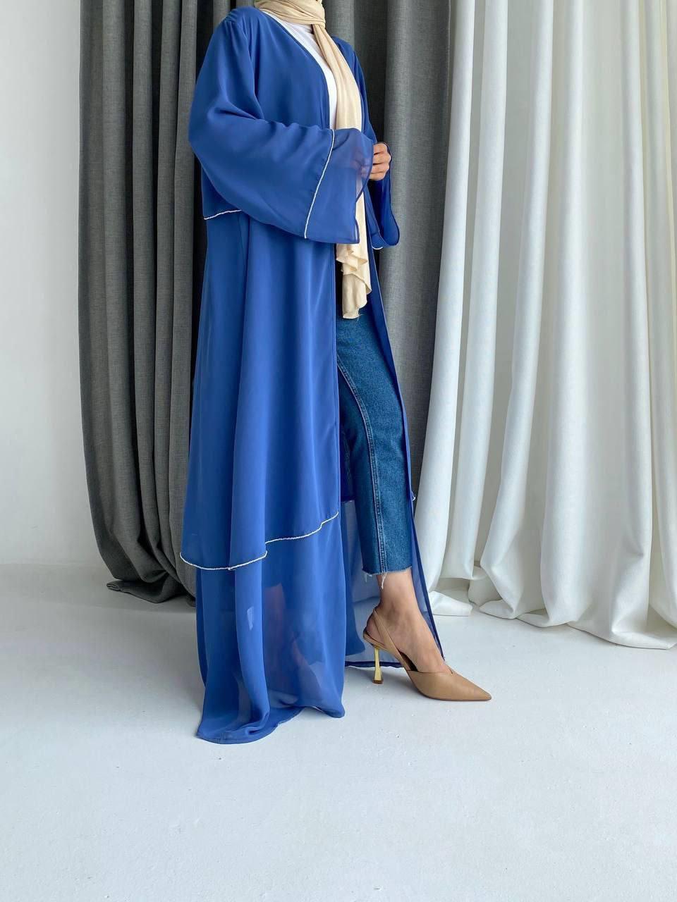 Taş baskılı mavi şifon abaya