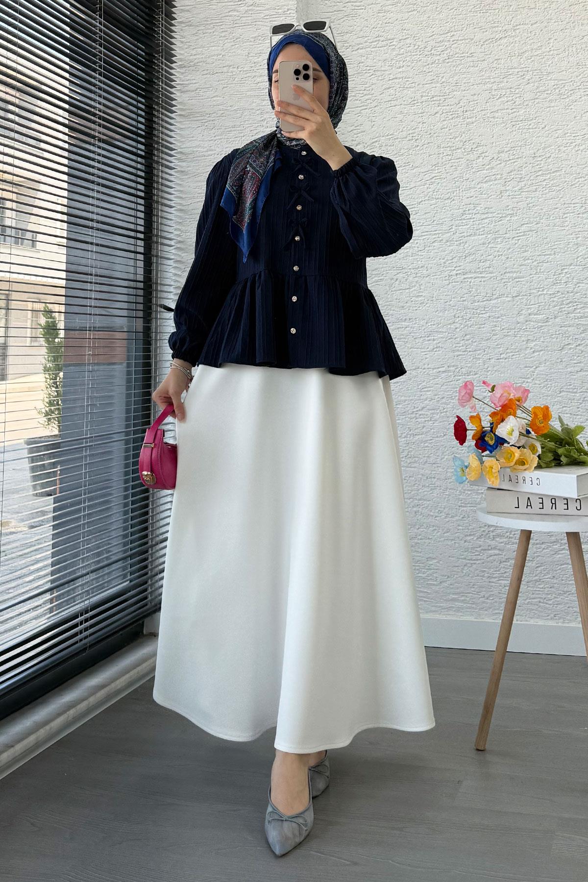 Taş Düğme Detaylı Gofre Bluz - Lacivert