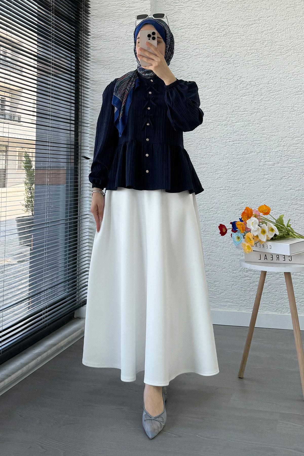 Taş Düğme Detaylı Gofre Bluz - Lacivert