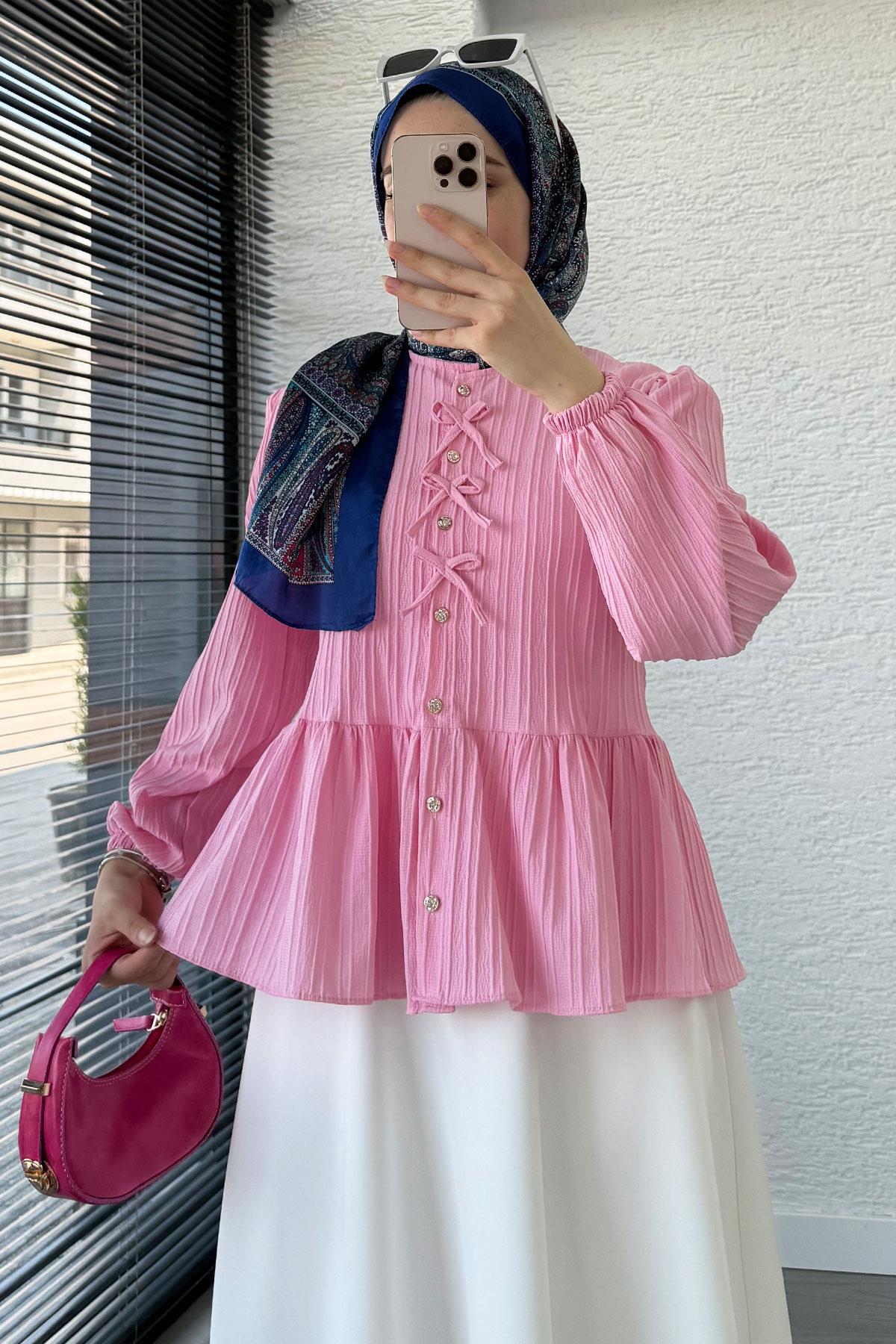 Taş Düğme Detaylı Gofre Bluz - Pembe