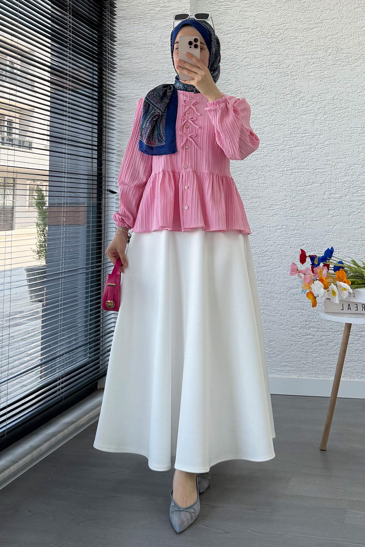 Taş Düğme Detaylı Gofre Bluz - Pembe