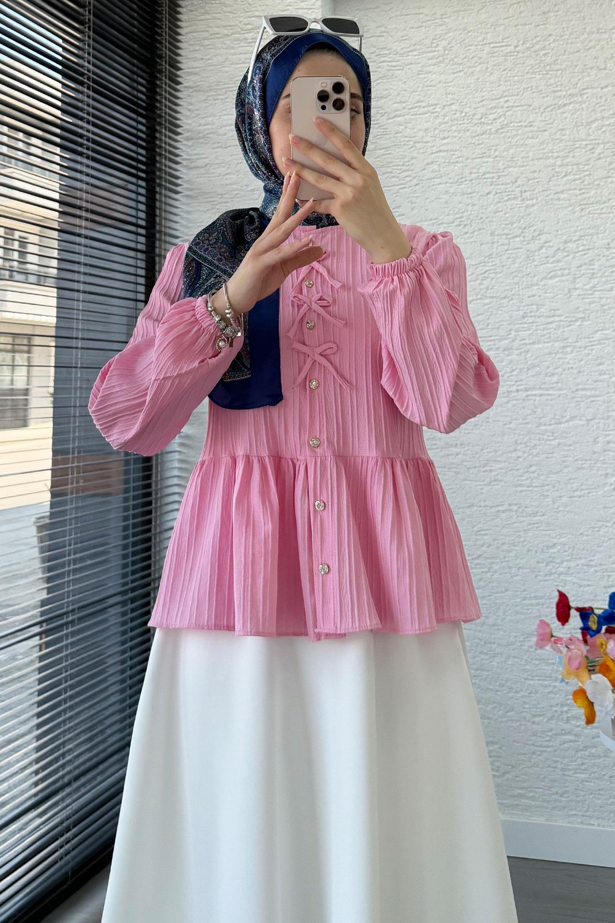 Taş Düğme Detaylı Gofre Bluz - Pembe