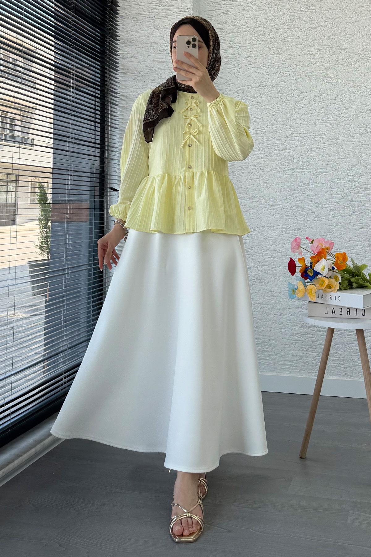 Taş Düğme Detaylı Gofre Bluz - Sarı