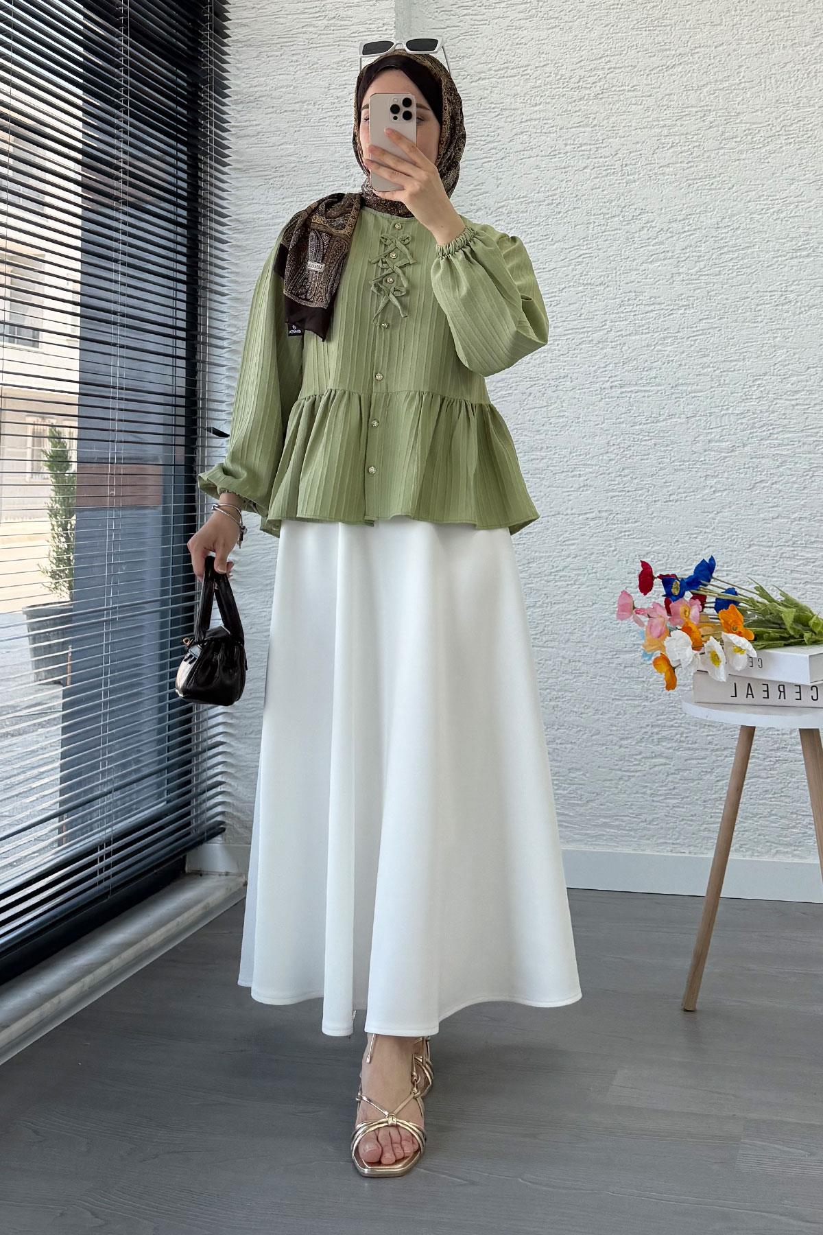 Taş Düğme Detaylı Gofre Bluz - Yeşil