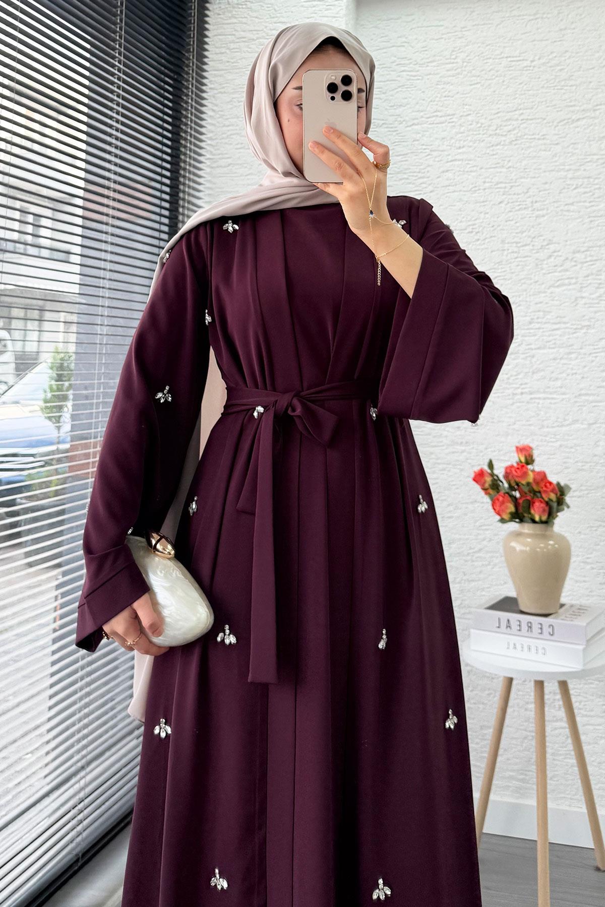 Taş İşlemeli İkili Abaya Takım - Mürdüm